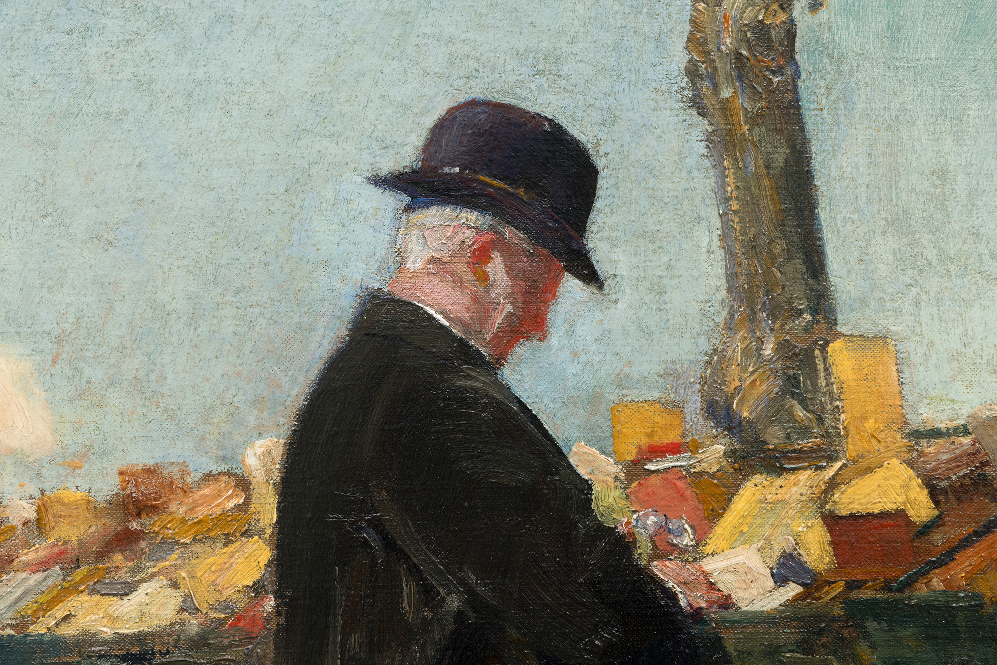 <div><font face=Lato size=3 color=black><em>Booksellers by the Seine</em> (1888) emerges from a pivotal moment in Childe Hassam’s early career, created during his period of study in Paris when he was absorbing the influence of the French Impressionists while already demonstrating the skill of an accomplished academic painter. In this finely observed scene along the banks of the Seine, Hassam turns his attention to everyday urban life, depicting Parisians as they browse the open air bookstalls that have lined the river for generations.</font></div><br><br><div>&nbsp;</div><br><br><div><font face=Lato size=3 color=black>The painting reflects Hassam’s gift for portraying people interacting naturally with their surroundings, a hallmark of his finest works. Here he captures not only the activity of the booksellers but also the shifting atmosphere of the city itself, conveyed through soft dabs of paint that suggest autumn leaves floating gently through the air and settling along the foreground. This delicate blending of human presence, weather, and light reveals Hassam’s deep interest in the transient beauty of urban life and marks <em>Booksellers by the Seine</em> as an evocative example from an essential period in his artistic development.</font></div>