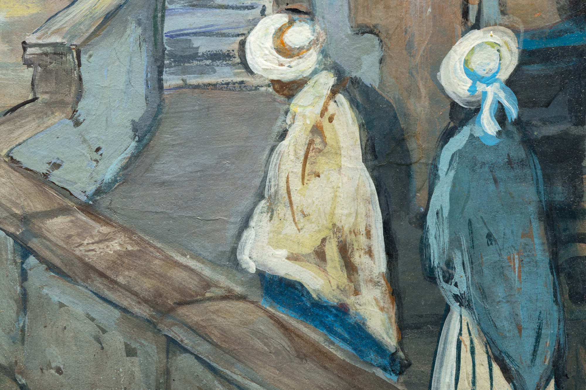 <div><font face=Lato size=3 color="#191919"><em>Figures Along a Venetian Canal, Summer </em>is a vibrant and characteristically bold example of Jane Peterson’s Venetian canal scenes, a subject that represents one of the most collected and widely recognized motifs within her body of work and is one she returned to repeatedly during her European travels. Peterson is known for combining academic draftsmanship with bold color and loose, expressive brushwork. Her work reflects the visual influence of Impressionism, Fauvism, and Art Nouveau. Previously held in the collection of the artist and her estate, this painting is a beautiful example of these influences and of her signature style.</font></div><br><br><div>&nbsp;</div><br><br><div><font face=Lato size=3 color="#191919">The medium and smaller format of this canvas was chosen for portability during Peterson’s travels and captures a serene moment with figures moving along the canals, approaching a bridge. Peterson uses saturated colors and broad, lively brushstrokes to animate the scene, as well as use of light to bring the scene to life and create a distinct mood. The painting relates closely to other Venetian scenes in major museum collections, including <em>St. Mark's in Venice</em>, circa 1920 in the permanent collection of The Norton Museum of Art.</font></div><br><br><div>&nbsp;</div><br><br><div><font face=Lato size=3 color="#191919">Peterson was known for choosing subjects beyond the conventional expectations for women artists of her time, favoring street scenes, travel, public life, and even wartime experience. <em>Figures Along a Venetian Canal, Summer </em>embodies this outward looking spirit, revealing her ability to transform everyday scenes into moments of vivid immediacy and enduring charm.</font></div>