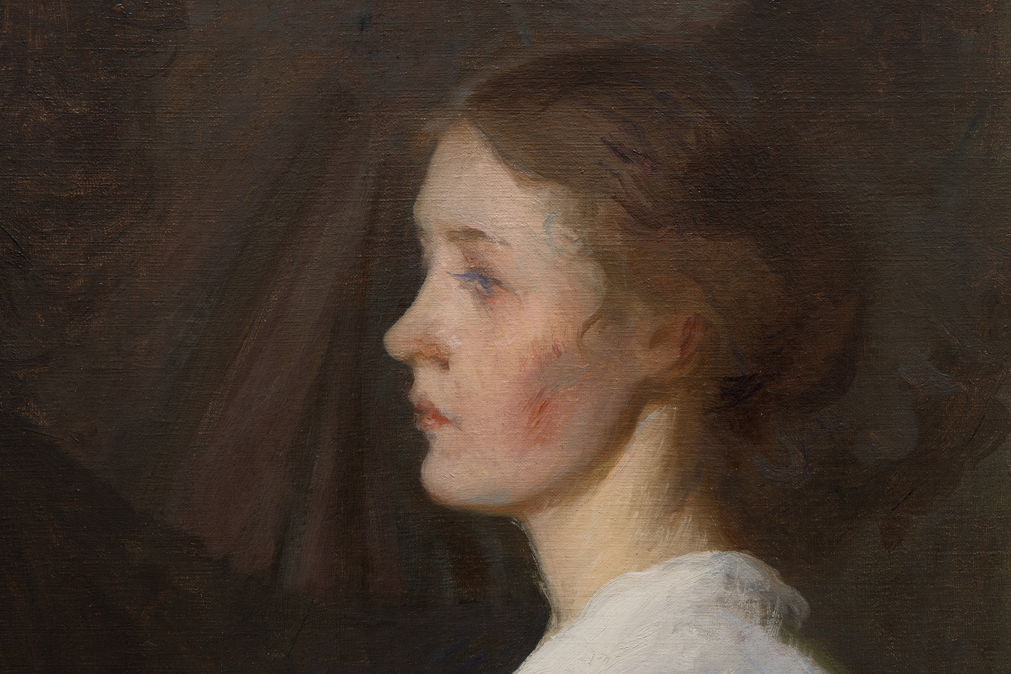 <div><font face=Lato size=3 color=black><em>Girl in White (Seated Figure)</em> from 1896 is an elegant example of Frank Bensons gift for intimate portraiture, rendered with a refined palette and a masterful command of light and texture. The painting was originally a personal gift from Benson to his friend and fellow American artist Frederick P. Vinton, remaining in the Vinton family before later entering the distinguished collection of Paul Magriel, a renowned collector and scholar of American art. This early provenance underscores the works longstanding appreciation among artists and connoisseurs alike.</font></div><br><br><div>&nbsp;</div><br><br><div><font face=Lato size=3 color=black>The portrait relates closely to similar half-figure studies held in major institutional collections, including the Museum of Fine Arts Boston, the Farnsworth Art Museum, and the National Gallery of Art in Washington, D.C., all of which highlight Bensons importance within the American Impressionist tradition. In this work, the sitter is shown in profile against a simple, reduced background that allows the subtleties of color and drapery to command full attention. The warm, luminous modeling of the skin and the delicate, gossamer like fabric of the dress are heightened by Benson's economical use of tone, creating a sense of quiet focus and graceful restraint.</font></div><br><br><div>&nbsp;</div><br><br><div><font face=Lato size=3 color=black>Together, these qualities reveal the depth of Bensons skill during the 1890s and affirm <em>Girl in White (Seated Figure)</em> as a beautifully preserved and emotionally resonant example of his portrait practice.</font></div>
