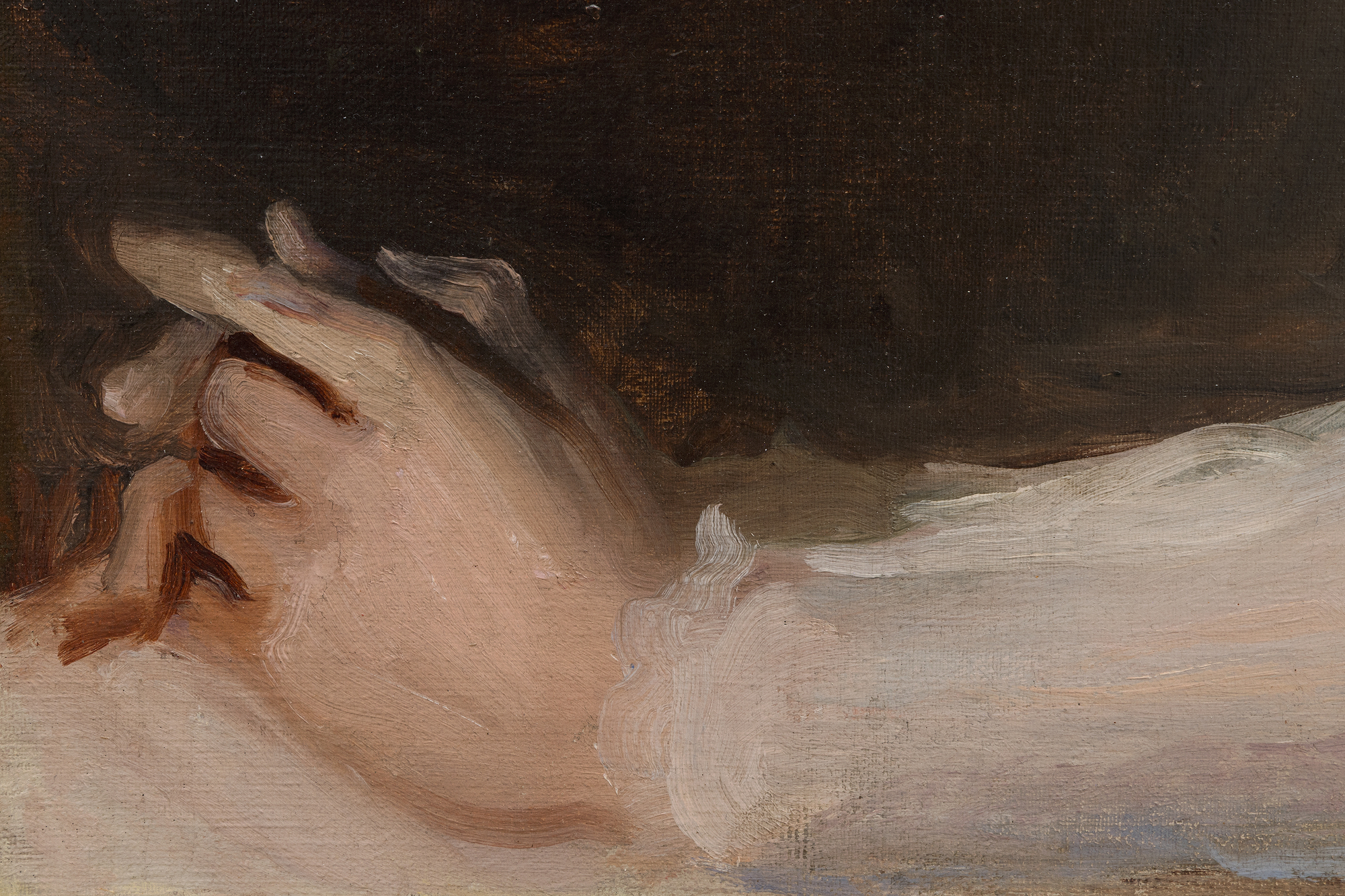 <div><font face=Lato size=3 color=black><em>Girl in White (Seated Figure)</em> from 1896 is an elegant example of Frank Bensons gift for intimate portraiture, rendered with a refined palette and a masterful command of light and texture. The painting was originally a personal gift from Benson to his friend and fellow American artist Frederick P. Vinton, remaining in the Vinton family before later entering the distinguished collection of Paul Magriel, a renowned collector and scholar of American art. This early provenance underscores the works longstanding appreciation among artists and connoisseurs alike.</font></div><br><br><div>&nbsp;</div><br><br><div><font face=Lato size=3 color=black>The portrait relates closely to similar half-figure studies held in major institutional collections, including the Museum of Fine Arts Boston, the Farnsworth Art Museum, and the National Gallery of Art in Washington, D.C., all of which highlight Bensons importance within the American Impressionist tradition. In this work, the sitter is shown in profile against a simple, reduced background that allows the subtleties of color and drapery to command full attention. The warm, luminous modeling of the skin and the delicate, gossamer like fabric of the dress are heightened by Benson's economical use of tone, creating a sense of quiet focus and graceful restraint.</font></div><br><br><div>&nbsp;</div><br><br><div><font face=Lato size=3 color=black>Together, these qualities reveal the depth of Bensons skill during the 1890s and affirm <em>Girl in White (Seated Figure)</em> as a beautifully preserved and emotionally resonant example of his portrait practice.</font></div>