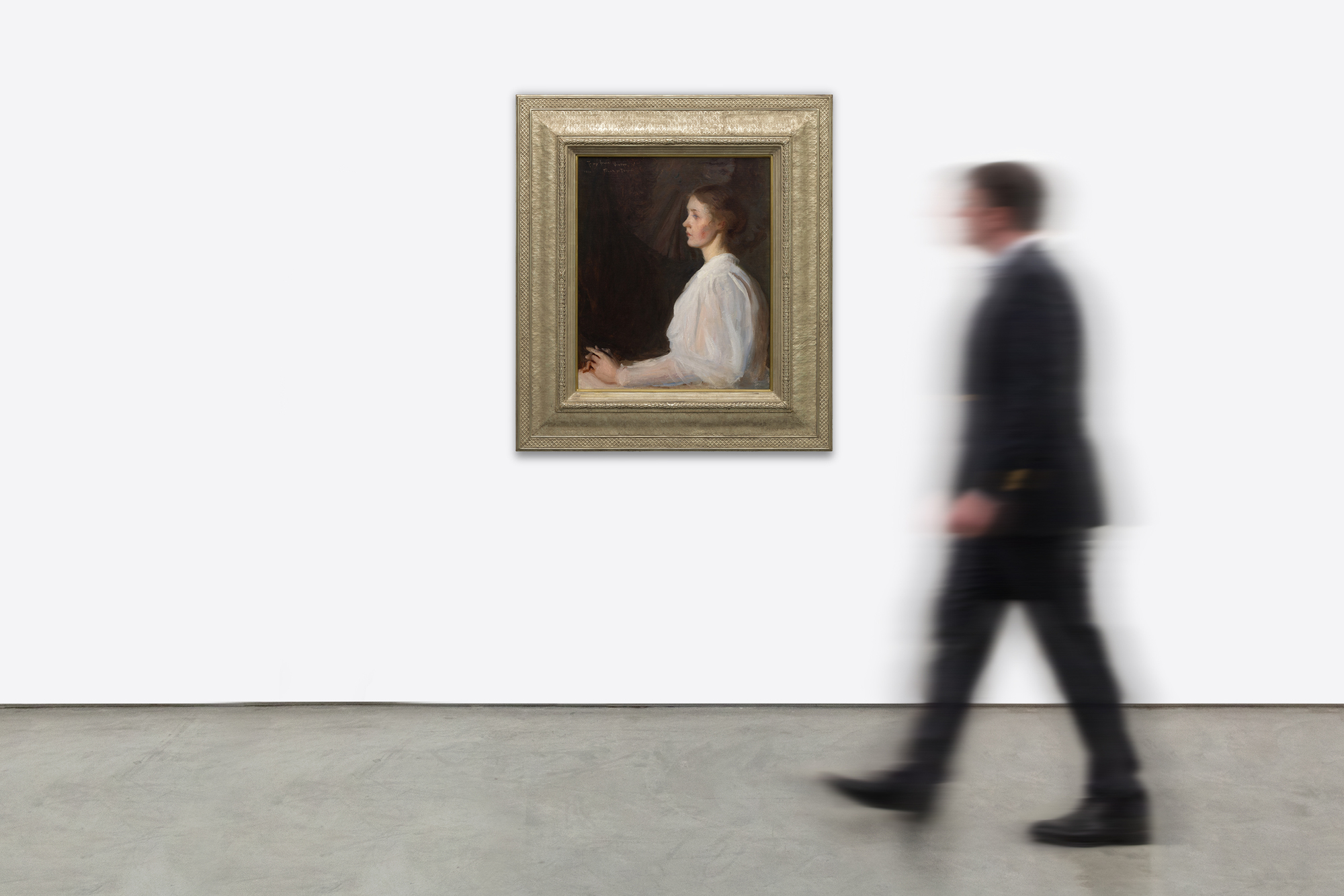 <div><font face=Lato size=3 color=black><em>Girl in White (Seated Figure)</em> from 1896 is an elegant example of Frank Bensons gift for intimate portraiture, rendered with a refined palette and a masterful command of light and texture. The painting was originally a personal gift from Benson to his friend and fellow American artist Frederick P. Vinton, remaining in the Vinton family before later entering the distinguished collection of Paul Magriel, a renowned collector and scholar of American art. This early provenance underscores the works longstanding appreciation among artists and connoisseurs alike.</font></div><br><br><div>&nbsp;</div><br><br><div><font face=Lato size=3 color=black>The portrait relates closely to similar half-figure studies held in major institutional collections, including the Museum of Fine Arts Boston, the Farnsworth Art Museum, and the National Gallery of Art in Washington, D.C., all of which highlight Bensons importance within the American Impressionist tradition. In this work, the sitter is shown in profile against a simple, reduced background that allows the subtleties of color and drapery to command full attention. The warm, luminous modeling of the skin and the delicate, gossamer like fabric of the dress are heightened by Benson's economical use of tone, creating a sense of quiet focus and graceful restraint.</font></div><br><br><div>&nbsp;</div><br><br><div><font face=Lato size=3 color=black>Together, these qualities reveal the depth of Bensons skill during the 1890s and affirm <em>Girl in White (Seated Figure)</em> as a beautifully preserved and emotionally resonant example of his portrait practice.</font></div>