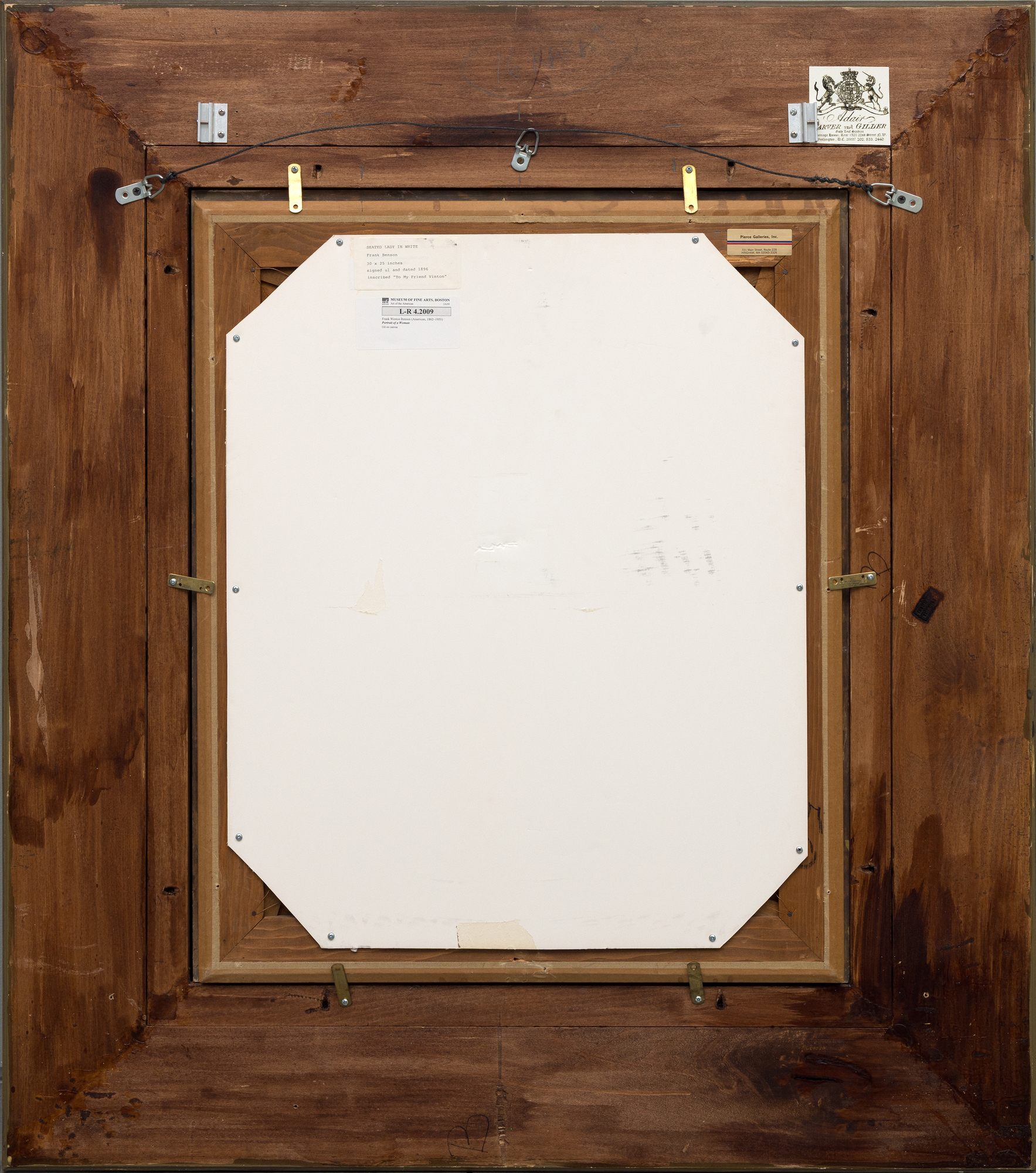 <div><font face=Lato size=3 color=black><em>Girl in White (Seated Figure)</em> from 1896 is an elegant example of Frank Bensons gift for intimate portraiture, rendered with a refined palette and a masterful command of light and texture. The painting was originally a personal gift from Benson to his friend and fellow American artist Frederick P. Vinton, remaining in the Vinton family before later entering the distinguished collection of Paul Magriel, a renowned collector and scholar of American art. This early provenance underscores the works longstanding appreciation among artists and connoisseurs alike.</font></div><br><br><div>&nbsp;</div><br><br><div><font face=Lato size=3 color=black>The portrait relates closely to similar half-figure studies held in major institutional collections, including the Museum of Fine Arts Boston, the Farnsworth Art Museum, and the National Gallery of Art in Washington, D.C., all of which highlight Bensons importance within the American Impressionist tradition. In this work, the sitter is shown in profile against a simple, reduced background that allows the subtleties of color and drapery to command full attention. The warm, luminous modeling of the skin and the delicate, gossamer like fabric of the dress are heightened by Benson's economical use of tone, creating a sense of quiet focus and graceful restraint.</font></div><br><br><div>&nbsp;</div><br><br><div><font face=Lato size=3 color=black>Together, these qualities reveal the depth of Bensons skill during the 1890s and affirm <em>Girl in White (Seated Figure)</em> as a beautifully preserved and emotionally resonant example of his portrait practice.</font></div>