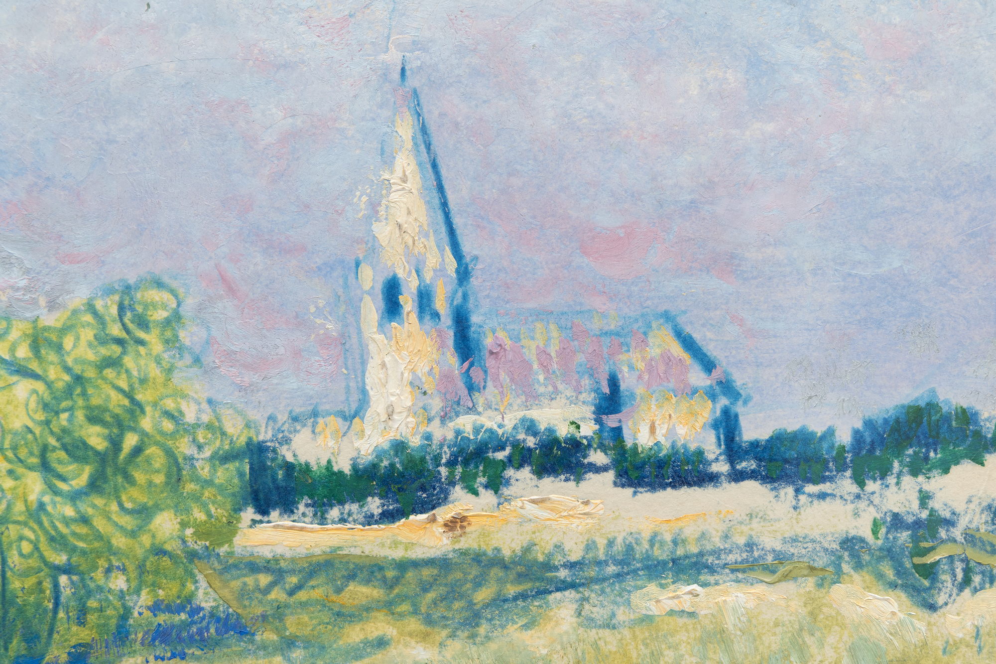 GEORGES LEMMEN - Madame Lemmen et ses enfants dans un jardin, 1900 - שמן על נייר ופסטל מונחים על הלוח - 9 על 12 אינץ'.