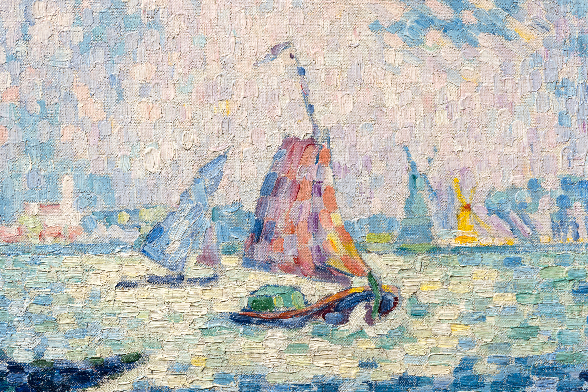 <div>Paul Signac’s "Pilote de la Meuse" (1924) is a refined late masterpiece that unites his devotion to color theory with his lifelong love of sailing. The composition is rigorously constructed around a highly structured framework of verticals and horizontals—the horizon line, the river’s surface, and the upright masts establish a sense of order and clarity. This geometry is gently softened by subtle diagonals: the angled masts, the slanted smokestack of a distant tugboat, and the wind-filled sails introduce movement and visual counterpoint without disrupting the overall balance.</div><br><br><div>&nbsp;</div><br><br><div>Executed in predominantly blue and green tones, the painting exemplifies Signac’s evolved Neo-Impressionist technique. While he and Georges Seurat pioneered pointillism as a scientific, color-theory-driven alternative to Impressionism, Signac’s later works from the 1910s and 1920s mark a decisive shift. Here, the earlier tight dots give way to broader, rectangular “mosaic strokes,” allowing color to carry greater physical presence and expressive freedom. The water in the foreground becomes a vibrant checkerboard of shifting hues, conveying turbulent weather, moving light, and wind-driven currents.</div><br><br><div>&nbsp;</div><br><br><div>A single prominent sailboat dominates the scene, accompanied by a few smaller vessels and the tugboat in the distance, whose swirling smoke animates the sky. This restrained yet dynamic marine subject reflects Signac’s deep personal connection to sailing—he owned 32 boats and traveled extensively by water.</div><br><br><div>&nbsp;</div><br><br><div>Similar maritime scenes from this mature period are held in major institutional collections, including the Minneapolis Institute of Art, The Metropolitan Museum of Art, and the Musée d’Orsay, underscoring the significance of this composition within Signac’s final artistic phase.</div><br><br><div>&nbsp;</div><br><br><div>The painting is accompanied by exceptional archival material: nine typed onion skins by Edmond Sussfeld; three autograph letters signed by Paul Signac; two autograph letters and the original invoice from the merchant Léon Marseille; and a certificate of authenticity from Mrs. Marina Ferretti-Bocquillon, providing outstanding historical context and provenance.</div>