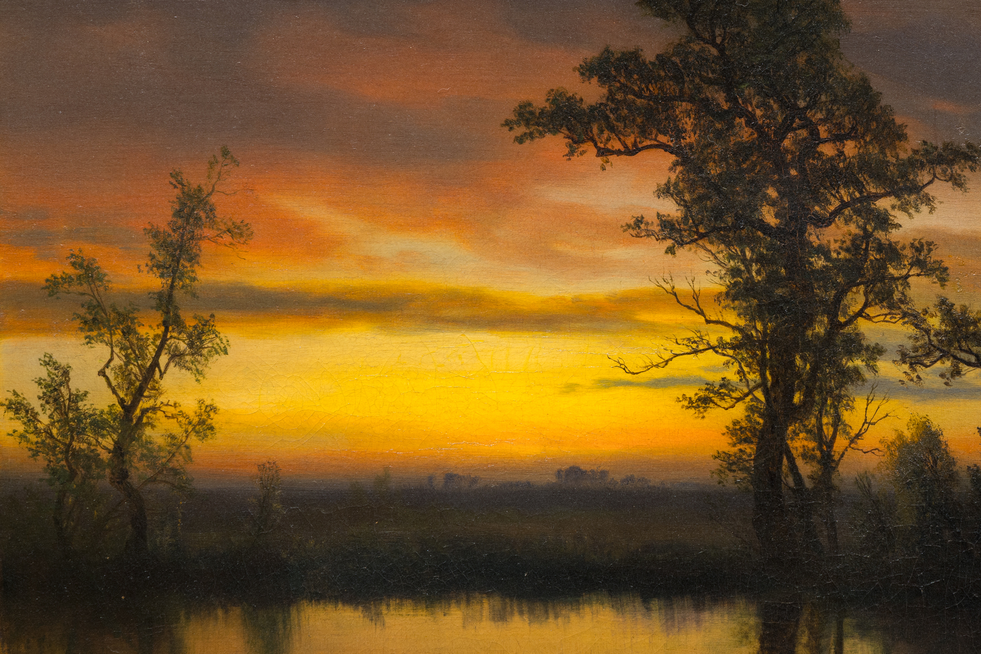 <div>"Twilight on the San Joaquin" (c. 1873) is a luminous oil painting that exemplifies Albert Bierstadt’s mature engagement with the American landscape and his mastery of light effects. Executed in a refined Luminist style, the work emphasizes a tranquil, glowing atmosphere achieved through meticulous detail, subtle tonal transitions, and a carefully controlled palette. The fading light of dusk settles gently over the scene, transforming the San Joaquin River into a reflective plane that anchors the composition and enhances its meditative stillness. </div><br><br><div>&nbsp;</div><br><br><div>The San Joaquin River, which flows through California’s Central Valley before joining the Sacramento River at the Sacramento–San Joaquin Delta, was a subject well suited to Bierstadt’s interest in expansive yet serene vistas. In this painting, the river becomes a conduit for light, capturing the delicate interplay between sky and water at twilight. The result is a harmonious balance between natural grandeur and intimate observation. </div><br><br><div>&nbsp;</div><br><br><div>Bierstadt was a prominent painter associated with the Hudson River School, known for his large, gleaming depictions of the American West. His portrayals of beauty and plenty helped shape the popular image of the West and reassured Americans, still grappling with the aftermath of the Civil War, that their young democracy possessed a grandeur comparable to Europe and would endure. Between 1871 and 1873, Bierstadt lived in California, maintaining a studio in San Francisco, and traveled extensively through the region, producing works that capture its vastness and unique beauty. </div><br><br><div>&nbsp;</div><br><br><div>A closely related twilight scene, "Owens Valley, California" (c. 1872) is in the collection of the McMullen Museum of Art, Boston College. Twilight on the San Joaquin will be included in the forthcoming Albert Bierstadt catalogue raisonné database directed by Melissa Webster Speidel, President of the Bierstadt Foundation. </div>