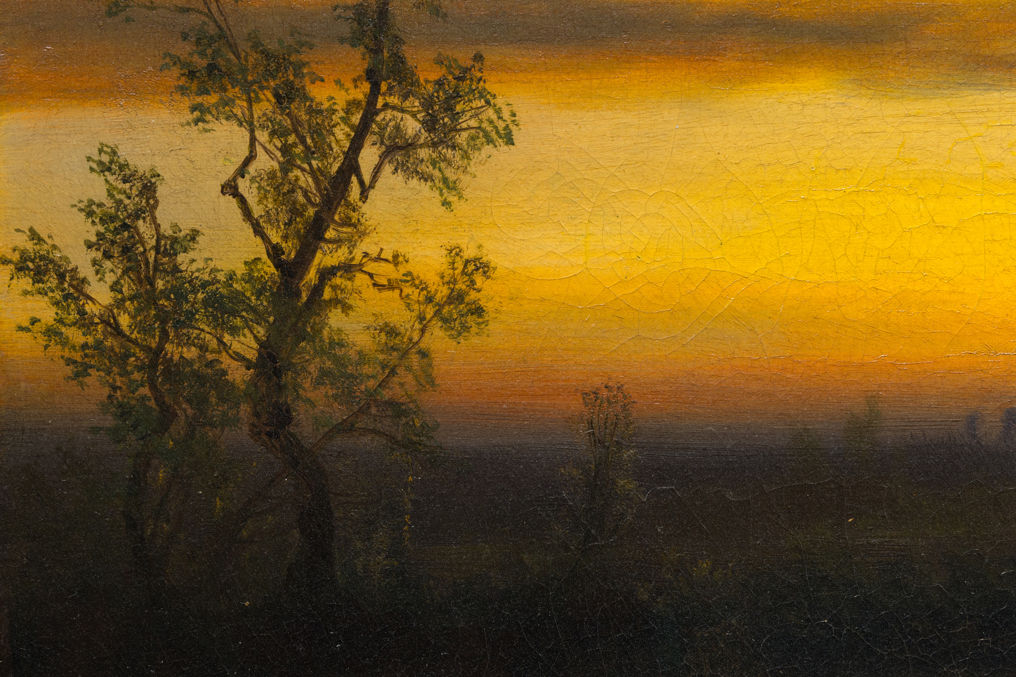 <div>"Twilight on the San Joaquin" (c. 1873) is a luminous oil painting that exemplifies Albert Bierstadt’s mature engagement with the American landscape and his mastery of light effects. Executed in a refined Luminist style, the work emphasizes a tranquil, glowing atmosphere achieved through meticulous detail, subtle tonal transitions, and a carefully controlled palette. The fading light of dusk settles gently over the scene, transforming the San Joaquin River into a reflective plane that anchors the composition and enhances its meditative stillness. </div><br><br><div>&nbsp;</div><br><br><div>The San Joaquin River, which flows through California’s Central Valley before joining the Sacramento River at the Sacramento–San Joaquin Delta, was a subject well suited to Bierstadt’s interest in expansive yet serene vistas. In this painting, the river becomes a conduit for light, capturing the delicate interplay between sky and water at twilight. The result is a harmonious balance between natural grandeur and intimate observation. </div><br><br><div>&nbsp;</div><br><br><div>Bierstadt was a prominent painter associated with the Hudson River School, known for his large, gleaming depictions of the American West. His portrayals of beauty and plenty helped shape the popular image of the West and reassured Americans, still grappling with the aftermath of the Civil War, that their young democracy possessed a grandeur comparable to Europe and would endure. Between 1871 and 1873, Bierstadt lived in California, maintaining a studio in San Francisco, and traveled extensively through the region, producing works that capture its vastness and unique beauty. </div><br><br><div>&nbsp;</div><br><br><div>A closely related twilight scene, "Owens Valley, California" (c. 1872) is in the collection of the McMullen Museum of Art, Boston College. Twilight on the San Joaquin will be included in the forthcoming Albert Bierstadt catalogue raisonné database directed by Melissa Webster Speidel, President of the Bierstadt Foundation. </div>