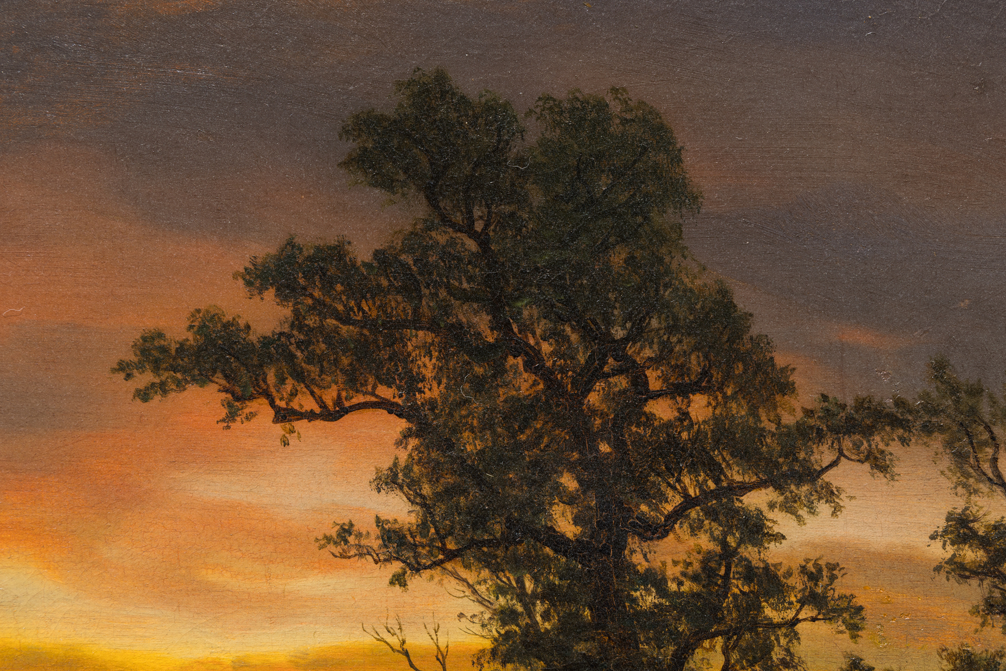 <div>"Twilight on the San Joaquin" (c. 1873) is a luminous oil painting that exemplifies Albert Bierstadt’s mature engagement with the American landscape and his mastery of light effects. Executed in a refined Luminist style, the work emphasizes a tranquil, glowing atmosphere achieved through meticulous detail, subtle tonal transitions, and a carefully controlled palette. The fading light of dusk settles gently over the scene, transforming the San Joaquin River into a reflective plane that anchors the composition and enhances its meditative stillness. </div><br><br><div>&nbsp;</div><br><br><div>The San Joaquin River, which flows through California’s Central Valley before joining the Sacramento River at the Sacramento–San Joaquin Delta, was a subject well suited to Bierstadt’s interest in expansive yet serene vistas. In this painting, the river becomes a conduit for light, capturing the delicate interplay between sky and water at twilight. The result is a harmonious balance between natural grandeur and intimate observation. </div><br><br><div>&nbsp;</div><br><br><div>Bierstadt was a prominent painter associated with the Hudson River School, known for his large, gleaming depictions of the American West. His portrayals of beauty and plenty helped shape the popular image of the West and reassured Americans, still grappling with the aftermath of the Civil War, that their young democracy possessed a grandeur comparable to Europe and would endure. Between 1871 and 1873, Bierstadt lived in California, maintaining a studio in San Francisco, and traveled extensively through the region, producing works that capture its vastness and unique beauty. </div><br><br><div>&nbsp;</div><br><br><div>A closely related twilight scene, "Owens Valley, California" (c. 1872) is in the collection of the McMullen Museum of Art, Boston College. Twilight on the San Joaquin will be included in the forthcoming Albert Bierstadt catalogue raisonné database directed by Melissa Webster Speidel, President of the Bierstadt Foundation. </div>