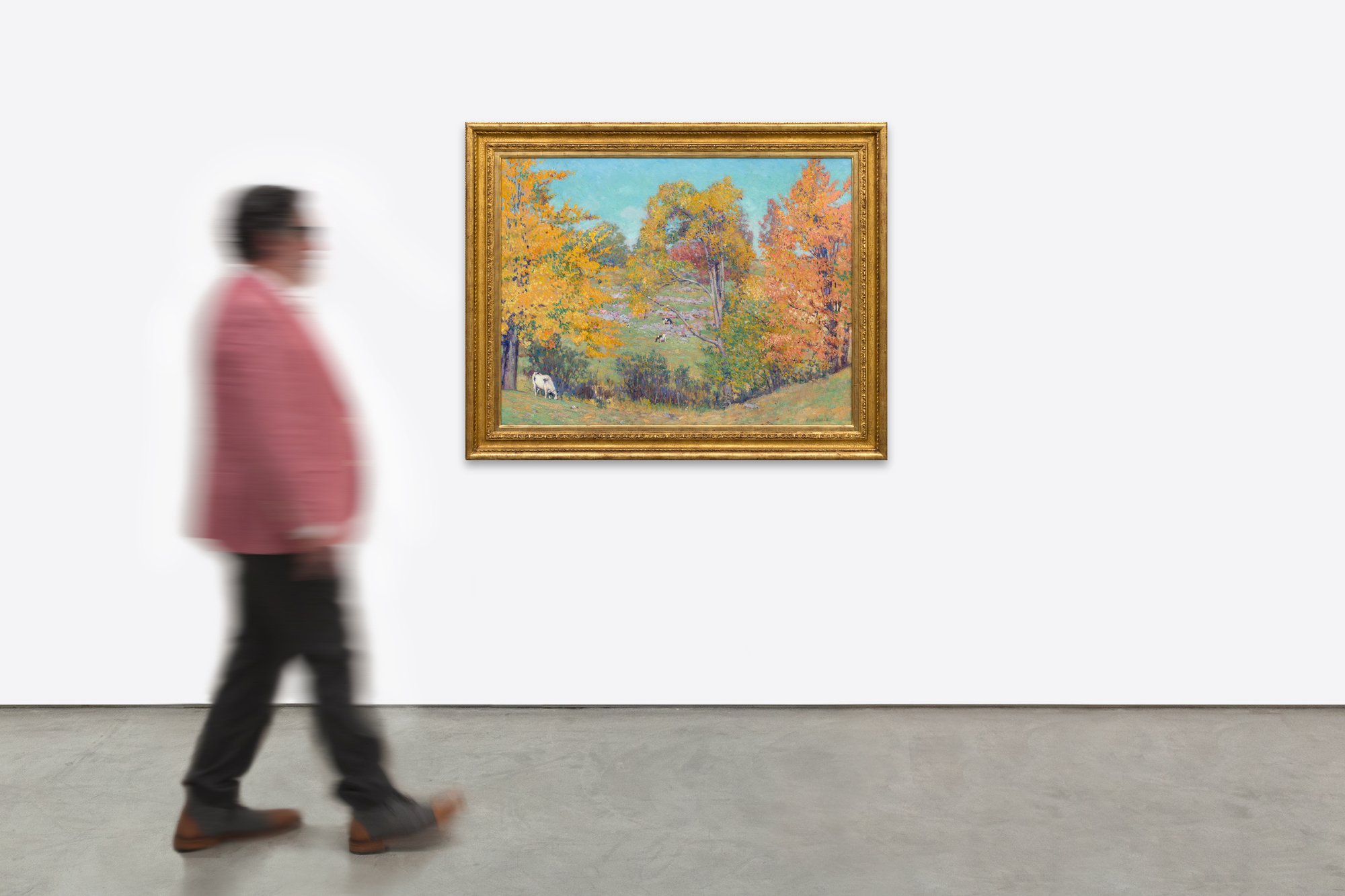 <div>Alson Clark’s <em>Autumn, St. Lawrence River</em> (1916) is a celebration of seasonal color and painterly assurance, created during a highly productive summer spent along the St. Lawrence River. Painted at a moment of peak confidence, the work follows closely on the artist’s major success at the Panama–Pacific International Exposition, where Clark filled an entire exhibition room with his paintings—an achievement that firmly established his reputation and momentum at this stage of his career. </div><br><br><div>&nbsp;</div><br><br><div>The composition unfolds across a gently rolling landscape animated by the brilliance of early autumn. Trees blaze with saturated yellows, oranges, and soft reds, their foliage rendered in broken, impressionistic strokes against a clear, luminous blue sky. Clark’s confident handling of paint allows color to carry form, creating a sense of depth through overlapping passages. Small grazing cattle dot the hillside, providing scale and a quiet note of pastoral life that anchors the composition without interrupting its chromatic rhythm. </div><br><br><div>&nbsp;</div><br><br><div>Clark was celebrated for his ability to fuse American landscape painting with lessons drawn from European Impressionism, and this work exemplifies that synthesis. The surface remains lively and tactile, with visible brushwork that conveys movement and atmosphere while maintaining compositional harmony. <em>Autumn, St. Lawrence River </em>reflects not only the artist’s mastery of color and light, but also the assured vision of a painter fully at ease with his subject, transforming a specific place and moment into a timeless expression of seasonal abundance. </div>