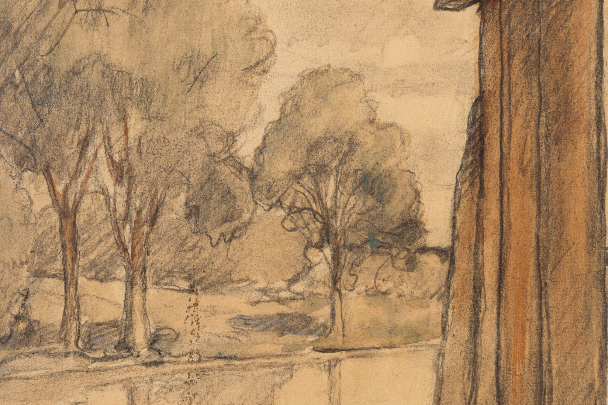 N.C. 韦斯——《木匠们正在修缮哈伯德桥》——石墨、木炭和水彩——27 1/2 x 20 1/8 英寸