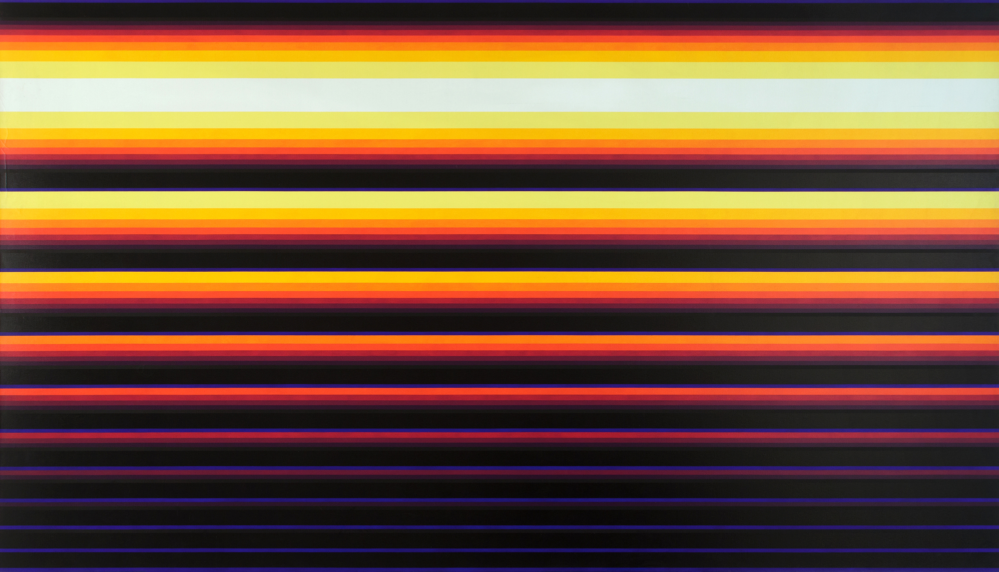 NORMAN ZAMMITT - North Wall North Wall was exhibited at the Getty Museum in the Pacific Standard Time exhibition tracing the history of art in L.A. from 1945 to 1980, which reignited interest in Light and Space and brought fresh eyes to the work of Norman Zammitt. For this piece, the artist measured the width of each band and created parabolic graphs to calculate the exacting color progression — not only for aesthetic precision, but also for emotional and spiritual effect. The colors seem to radiate as they shift from dark bands of black and blue to fiery yellows, oranges and reds. The hard edges of these bands bring to mind the school of L.A. artists who worked in geometric abstraction during the same period, predominantly the 1960s and ’70s, particularly Karl Benjamin's classic stripe paintings. But Zammitt’s ethereal pictures defy any such classification. His edges appear seamless — a moment in space frozen in time. The expanse evokes a sky in its full coastal California drama, although that was not necessarily the artist’s intention. Rather, he might have used these as an approach to the sublime — portal to a mystical realm. His late, longtime dealer, Joni Gordon of Newspace, suggested the exacting bands of brilliant color relate to Native Indian sand paintings.