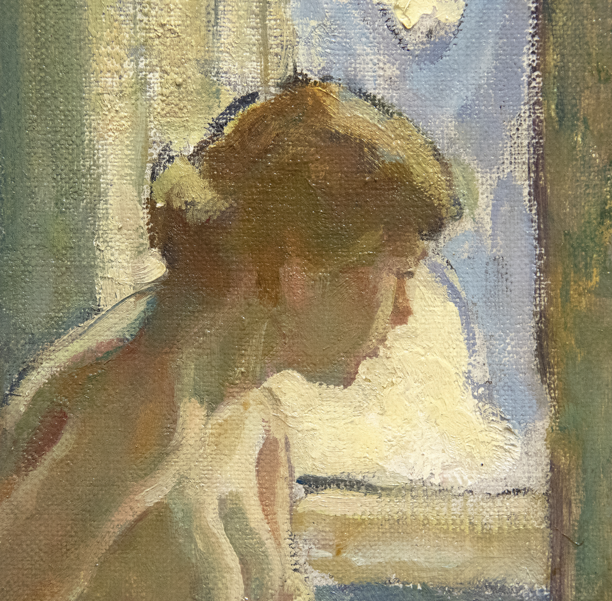 "Interior" is one of Maurice Askenazy’s more modern compositions, calling to mind the work of Bonnard or Vuillard. The intimate scene shows a nude female model, dramatically seen in profile, posing for a painter in a sun-drenched studio. The door to the room is open, giving the impression that the viewer is stealing a glimpse of a private interaction between artist and model. A cleverly placed mirror on the back of the open door reveals the reflection of the painter, who we are meant to take as Askenazy himself, at work. Askenazy takes great care to depict the details of the room, from the patterned ottoman to the framed paintings on the walls, each a mosaic of Impressionistic color.