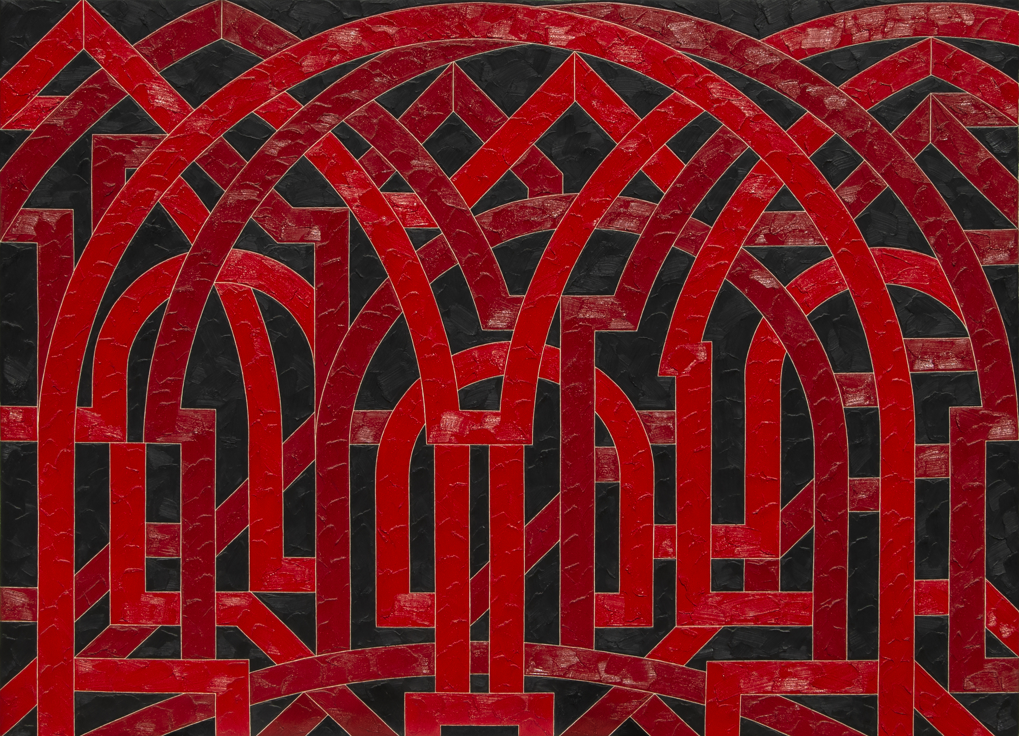 VALERIE JAUDON - Palmyra Jaudon was one of the founders of the Pattern and Decoration movement. With a foundation of feminist theory, Jaudon repositioned what were considered trivial art forms and minor visual images. These forms and symbols were relegated because of their association with the feminine or non-Western.
<br>
<br>At the same time, Palmyra exemplifies the ability of Jaudon to create aesthetically beautiful works. Jaudon interweaves shades of red into ornate arabesques recalling gothic stonework, celtic knots, and Islamic calligraphy. The crispness of the lines against the impasto and the layering of red tones makes it appear that the lines are carved like stone.