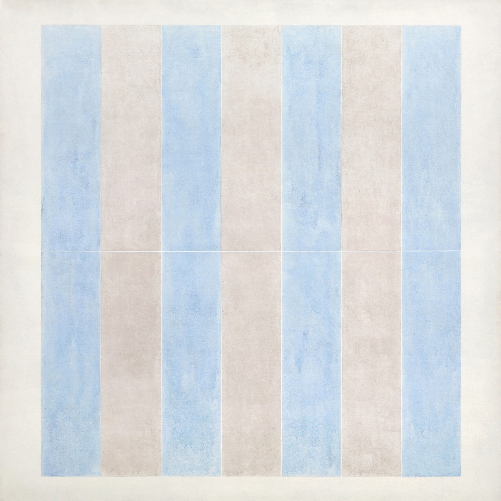 AGNES MARTIN - Untitled No. 7 Of the many modernist painters who imbued their geometries with a spiritual dimension, Agnes Martin is the one whose paintings resonate most deeply with a life of ascetic simplicity. In 1967, she left New York City and the art world, renounced worldly pursuits, and embarked on an eighteen-month odyssey across the untamed Western American landscape. It was the prelude to a life of seclusion, where on a remote mesa near Cuba, New Mexico, Martin built a sanctuary by hand, shaping adobe and timber into a unique domicile. Living without the conveniences of a telephone, electricity, or indoor plumbing, she practiced the art of life, not the life of a painter. That deeply devoted spiritual and moral quest separates Agnes Martin from the geometric visionaries such as Piet Mondrian or Ad Reinhardt, with whom she would otherwise be associated. After a seven-year hiatus, 62-year-old Martin reemerged in 1974 to renew her journey creating radiant minimalist paintings.
<br>
<br>"No. 7" (1974) is among the earliest paintings from this second major phase of her career. Intent upon emphasizing a dramatic reorientation emphasizing color rather than the line or tabulated grids of her pre-1967 work, a distanced viewing of the pale, luminescent bands allows for an expansive appreciation of subtle, radiant shifts between the color zones. Numerous natural phenomena and elements embedded in the New Mexican desert experience may have inspired these new and expansive ideas. The sheer verticality of its mesas, cliffs, and ravines, or the shafts of light that dramatically stream through gaps in clouds to the desert floor, may have inspired the vertical orientation here. Yet the impact of "No. 7" (1974) is most assuredly delivered via her devotion to Buddhist and Daoist ideals that seek beauty from within, not from extraneous points of reference. Martin asks the viewer to think of her repetitive shafts or bands of pale color as a sort of mantra as much as a visual experience. She challenges the capacity of our imagination, encouraging it to run free and consider this work as an object of contemplation, knowing well that her paintings require a degree of commitment. And as if to admonish those without the patience to absorb the impact of the otherworldly mystical radiance inherent in the paintings or how they affect one's greater awareness of the potential for expressing the sublime, we have her comment, "There's nobody who can't stand all afternoon in front of a waterfall."