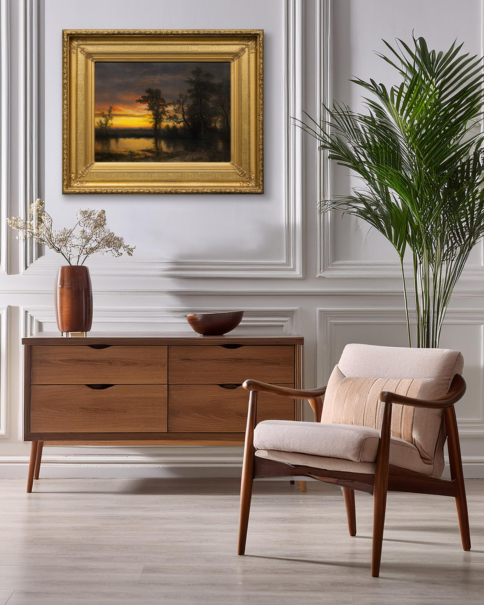 <div>"Twilight on the San Joaquin" (c. 1873) is a luminous oil painting that exemplifies Albert Bierstadt’s mature engagement with the American landscape and his mastery of light effects. Executed in a refined Luminist style, the work emphasizes a tranquil, glowing atmosphere achieved through meticulous detail, subtle tonal transitions, and a carefully controlled palette. The fading light of dusk settles gently over the scene, transforming the San Joaquin River into a reflective plane that anchors the composition and enhances its meditative stillness. </div><br><br><div>&nbsp;</div><br><br><div>The San Joaquin River, which flows through California’s Central Valley before joining the Sacramento River at the Sacramento–San Joaquin Delta, was a subject well suited to Bierstadt’s interest in expansive yet serene vistas. In this painting, the river becomes a conduit for light, capturing the delicate interplay between sky and water at twilight. The result is a harmonious balance between natural grandeur and intimate observation. </div><br><br><div>&nbsp;</div><br><br><div>Bierstadt was a prominent painter associated with the Hudson River School, known for his large, gleaming depictions of the American West. His portrayals of beauty and plenty helped shape the popular image of the West and reassured Americans, still grappling with the aftermath of the Civil War, that their young democracy possessed a grandeur comparable to Europe and would endure. Between 1871 and 1873, Bierstadt lived in California, maintaining a studio in San Francisco, and traveled extensively through the region, producing works that capture its vastness and unique beauty. </div><br><br><div>&nbsp;</div><br><br><div>A closely related twilight scene, "Owens Valley, California" (c. 1872) is in the collection of the McMullen Museum of Art, Boston College. Twilight on the San Joaquin will be included in the forthcoming Albert Bierstadt catalogue raisonné database directed by Melissa Webster Speidel, President of the Bierstadt Foundation. </div>