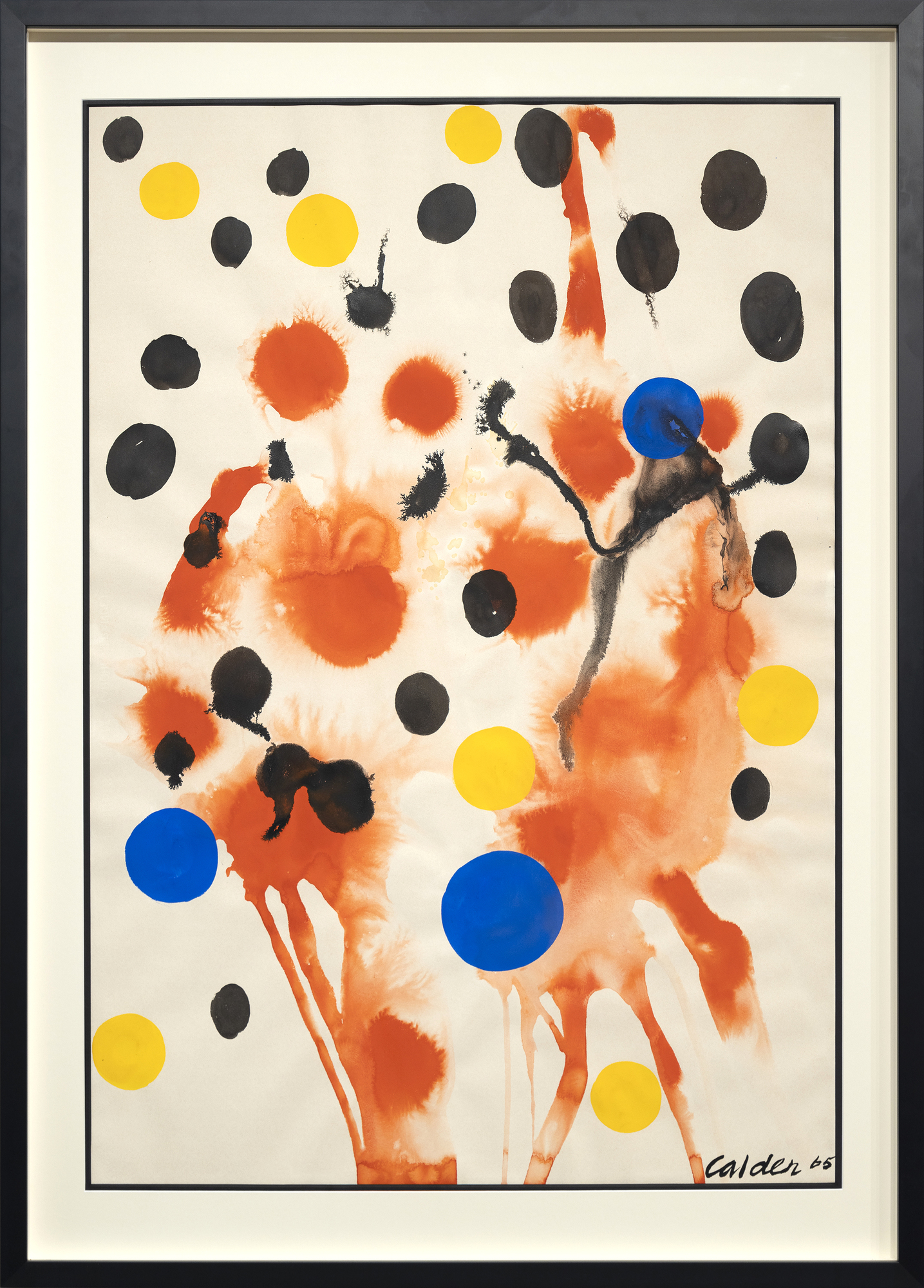 Alexander Calder's Rouge Mouille (Wet Red) features a background of red circles, some dispersing like explosions, creating a sense of energetic expansion, and others running downward as if streaming trails of a firework display. This animated backdrop is adorned with numerous opaque round balls, predominantly black, but interspersed with striking blue, red, and subtle yellow spheres. The strategic placement of the colorful spheres against the explosive reds captures the awe and spectacle of a fireworks show, transforming the painting into a visual metaphor for this dazzling and celebratory event. The artwork resonates with excitement and vibrancy, encapsulating its ephemeral beauty in a static medium.