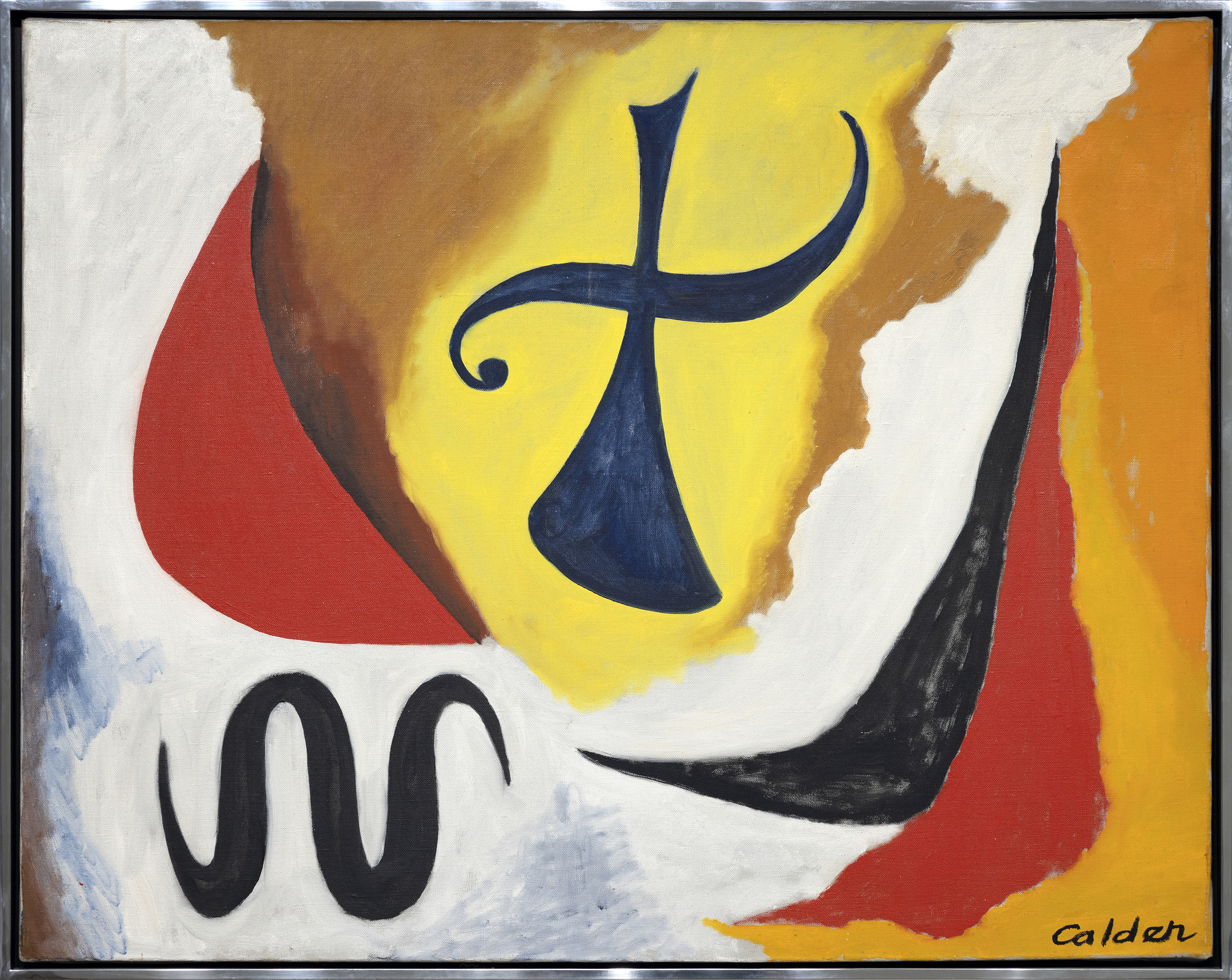 Alexander Calder executed a surprising number of oil paintings during the second half of the 1940s and early 1950s. By this time, the shock of his 1930 visit to Mondrian’s studio, where he was impressed not by the paintings but by the environment, had developed into an artistic language of Calder’s own. So, as Calder was painting The Cross in 1948, he was already on the cusp of international recognition and on his way to winning the XX VI Venice Biennale’s grand prize for sculpture in 1952. Working on his paintings in concert with his sculptural practice, Calder approached both mediums with the same formal language and mastery of shape and color.<br><br>Calder was deeply intrigued by the unseen forces that keep objects in motion. Taking this interest from sculpture to canvas, we see that Calder built a sense of torque within The Cross by shifting its planes and balance. Using these elements, he created implied motion suggesting that the figure is pressing forward or even descending from the skies above. The Cross’s determined momentum is further amplified by details such as the subject’s emphatically outstretched arms, the fist-like curlicue vector on the left, and the silhouetted serpentine figure.<br><br>Calder also adopts a strong thread of poetic abandon throughout The Cross’s surface. It resonates with his good friend Miró’s hieratic and distinctly personal visual language, but it is all Calder in the effective animation of this painting’s various elements. No artist has earned more poetic license than Calder, and throughout his career, the artist remained convivially flexible in his understanding of form and composition. He even welcomed the myriad interpretations of others, writing in 1951, “That others grasp what I have in mind seems unessential, at least as long as they have something else in theirs.”<br><br>Either way, it is important to remember that The Cross was painted shortly after the upheaval of the Second World War and to some appears to be a sobering reflection of the time. Most of all, The Cross proves that Alexander Calder loaded his brush first to work out ideas about form, structure, relationships in space, and most importantly, movement.
