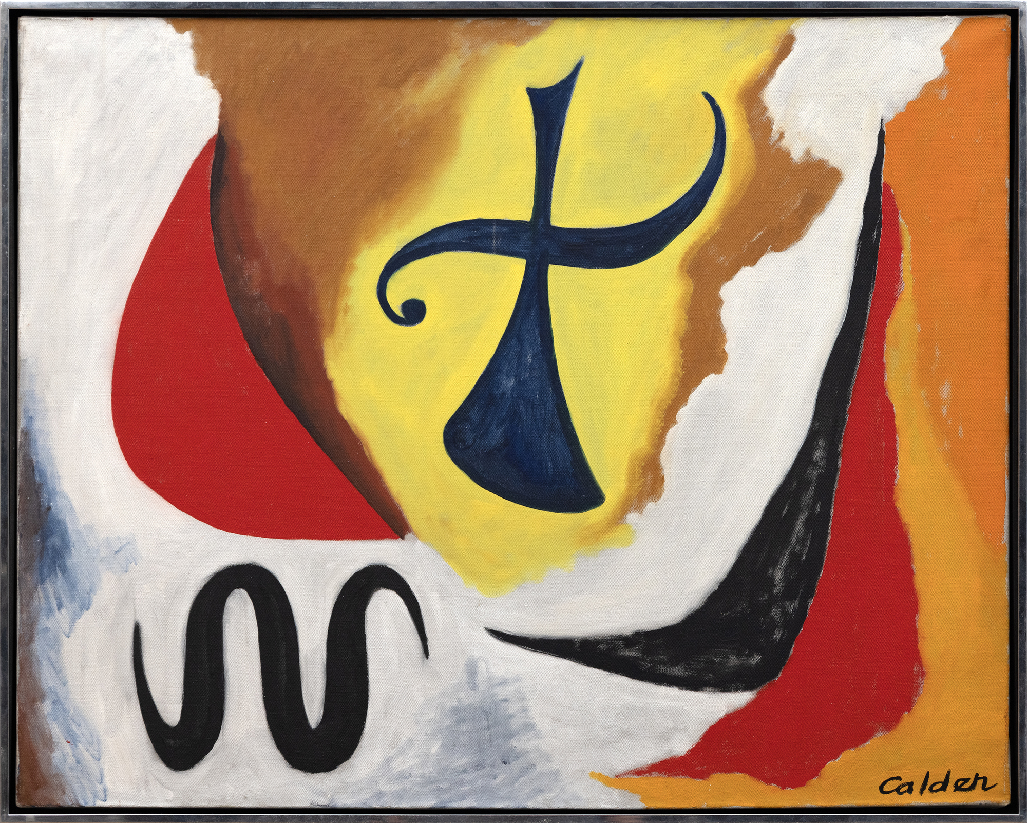 Alexander Calder executed a surprising number of oil paintings during the second half of the 1940s and early 1950s. By this time, the shock of his 1930 visit to Mondrian’s studio, where he was impressed not by the paintings but by the environment, had developed into an artistic language of Calder’s own. So, as Calder was painting The Cross in 1948, he was already on the cusp of international recognition and on his way to winning the XX VI Venice Biennale’s grand prize for sculpture in 1952. Working on his paintings in concert with his sculptural practice, Calder approached both mediums with the same formal language and mastery of shape and color.&lt;br&gt;&lt;br&gt;Calder was deeply intrigued by the unseen forces that keep objects in motion. Taking this interest from sculpture to canvas, we see that Calder built a sense of torque within The Cross by shifting its planes and balance. Using these elements, he created implied motion suggesting that the figure is pressing forward or even descending from the skies above. The Cross’s determined momentum is further amplified by details such as the subject’s emphatically outstretched arms, the fist-like curlicue vector on the left, and the silhouetted serpentine figure.&lt;br&gt;&lt;br&gt;Calder also adopts a strong thread of poetic abandon throughout The Cross’s surface. It resonates with his good friend Miró’s hieratic and distinctly personal visual language, but it is all Calder in the effective animation of this painting’s various elements. No artist has earned more poetic license than Calder, and throughout his career, the artist remained convivially flexible in his understanding of form and composition. He even welcomed the myriad interpretations of others, writing in 1951, “That others grasp what I have in mind seems unessential, at least as long as they have something else in theirs.”&lt;br&gt;&lt;br&gt;Either way, it is important to remember that The Cross was painted shortly after the upheaval of the Second World War and to some appears to be a sobering reflection of the time. Most of all, The Cross proves that Alexander Calder loaded his brush first to work out ideas about form, structure, relationships in space, and most importantly, movement.