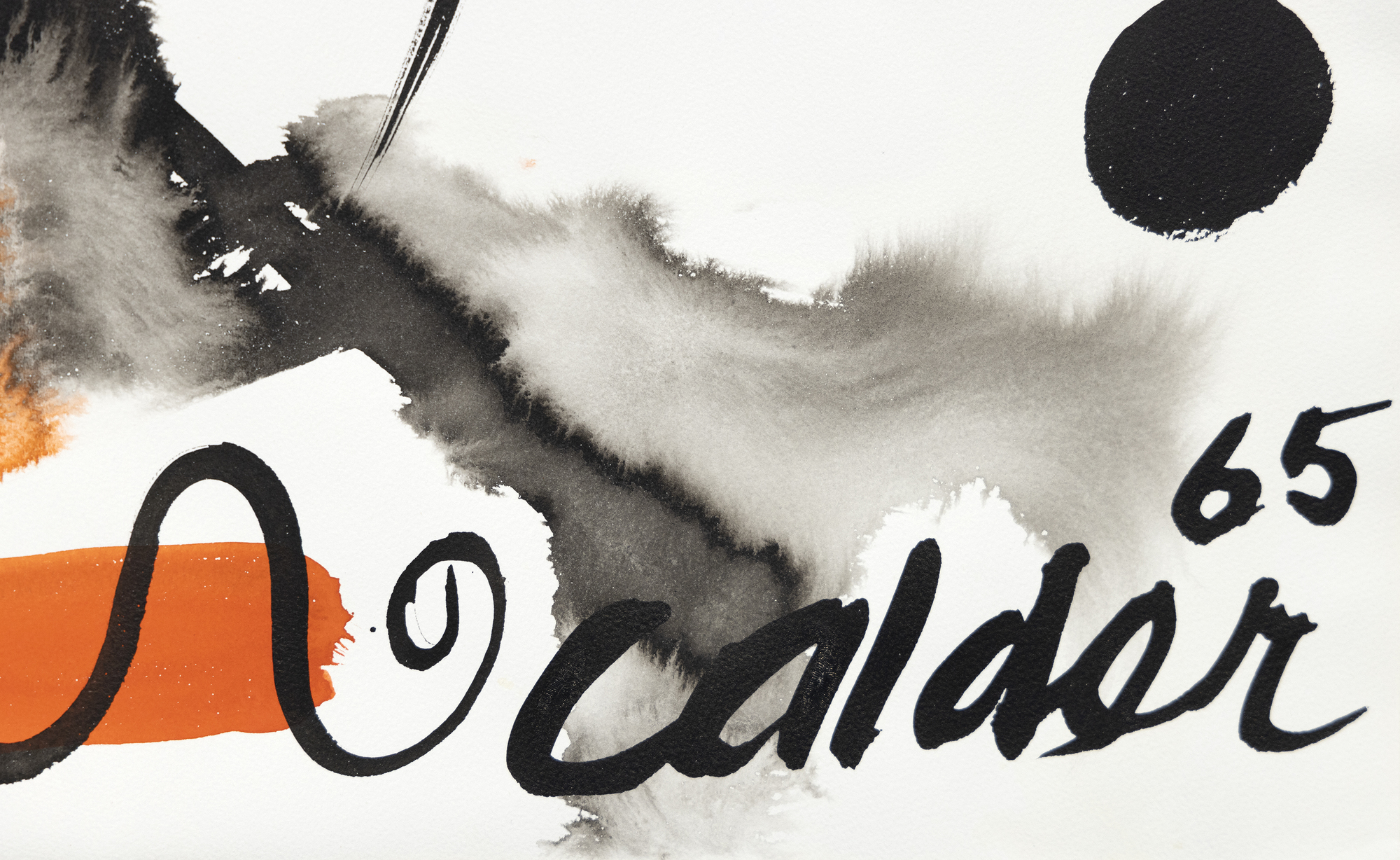 © 2023 Calder Foundation, New York / Artists Rights Society (ARS), New York
<br>Two Crosses by Alexander Calder is a striking work on paper, blending transparent watercolor and gouache, showcasing his signature repertoire of shapes and symbols. At its heart lies a large, black 'X' on a fluid, grayish wash, and nearby, a smaller, opaque black cross overlapping a semi-opaque red ball, and to its left, a roundish transparent wash patch hosts a black crescent shape. Several spheres in black provide accompaniment, and the artist's favored primary colors, and at the lower margin, his charming undulating line. Calder's sparing use of watercolor allows the paper's white to showcase the forms and symbols, creating a dynamic, impactful artwork where simplicity and the interplay of transparent and opaque elements captivate the viewer.