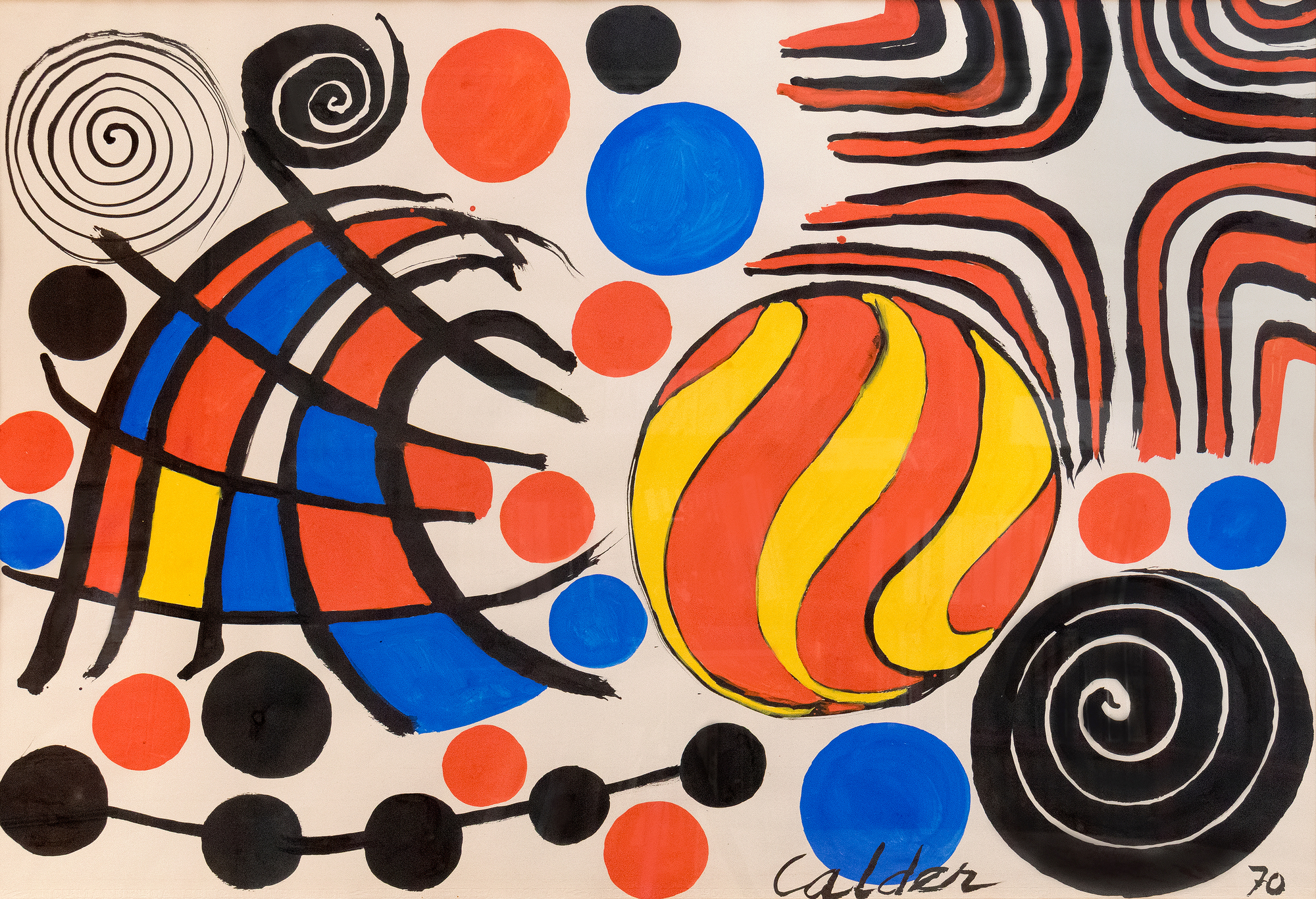 ALEXANDER CALDER - Untitled <div><font face=Calibri size=3 color=black>Gouaches became integral to Alexander Calder's artistic practice in the late 1930s and early 1940s. By the early 1960s, they were a well-established part of his repertoire, parallel to his more significant works and featuring prominently in his exhibitions. These smaller-scale pieces offered collectors an intimate glimpse into Calder's creative process, revealing his ability to capture the essence of his playful, dynamic forms with immediacy and intuition, often characterized by bold, energetic shapes and vibrant colors.</font></div>
<br>
<br><div> </div>
<br>
<br><div><font face=Calibri size=3 color=black>In this gouache from 1970, Calder employs a densely populated, diverse range of visual motifs. Large, bright red, blue, and black circles float among spirals and other abstract forms, while a central yellow orb, streaked with red, seems to radiate energy, suggesting movement or heat. To the left, a structure of intersecting lines and shapes introduces an architecturally restrained wave, while dynamic spirals animate the composition. The result is a celebratory display of Calder's signature elements—bold primary colors, geometric shapes, and flowing lines—each interacting in a lively, harmonious rhythm.</font></div>