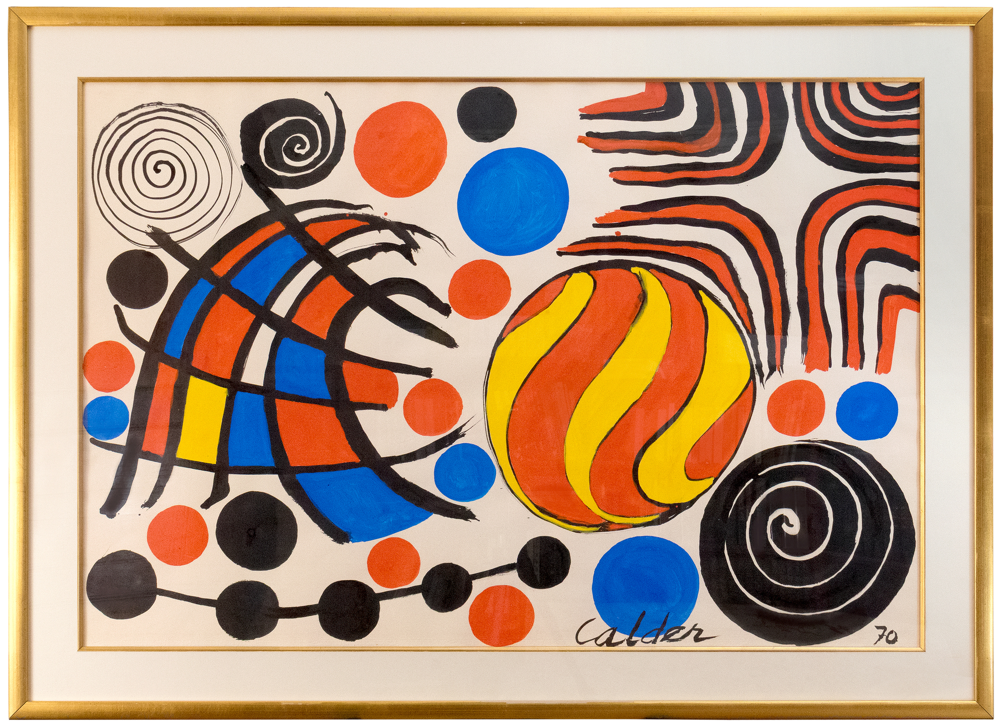 ALEXANDER CALDER - Untitled <div><font face=Calibri size=3 color=black>Gouaches became integral to Alexander Calder's artistic practice in the late 1930s and early 1940s. By the early 1960s, they were a well-established part of his repertoire, parallel to his more significant works and featuring prominently in his exhibitions. These smaller-scale pieces offered collectors an intimate glimpse into Calder's creative process, revealing his ability to capture the essence of his playful, dynamic forms with immediacy and intuition, often characterized by bold, energetic shapes and vibrant colors.</font></div>
<br>
<br><div> </div>
<br>
<br><div><font face=Calibri size=3 color=black>In this gouache from 1970, Calder employs a densely populated, diverse range of visual motifs. Large, bright red, blue, and black circles float among spirals and other abstract forms, while a central yellow orb, streaked with red, seems to radiate energy, suggesting movement or heat. To the left, a structure of intersecting lines and shapes introduces an architecturally restrained wave, while dynamic spirals animate the composition. The result is a celebratory display of Calder's signature elements—bold primary colors, geometric shapes, and flowing lines—each interacting in a lively, harmonious rhythm.</font></div>