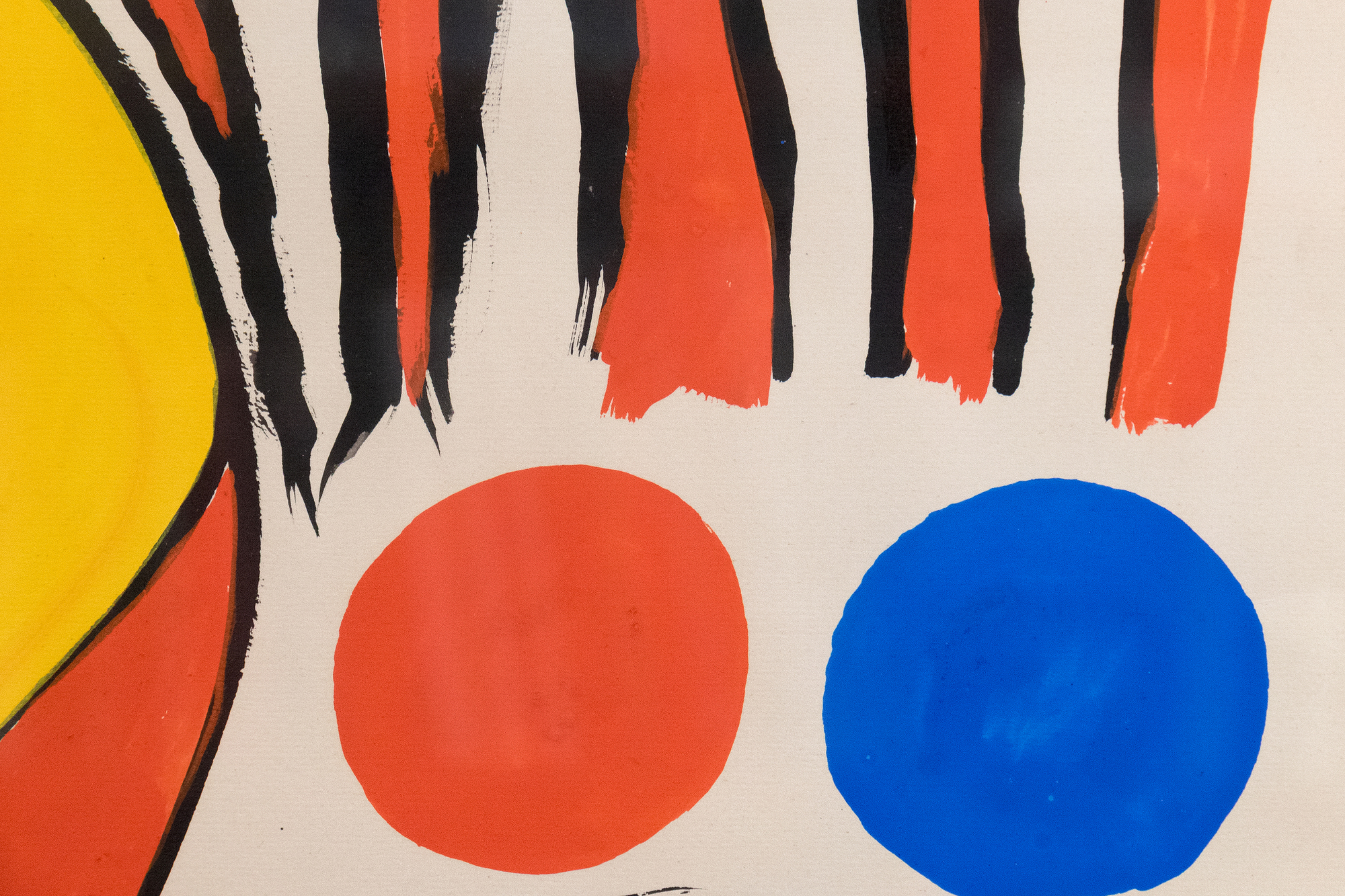 ALEXANDER CALDER - Untitled <div><font face=Calibri size=3 color=black>Gouaches became integral to Alexander Calder's artistic practice in the late 1930s and early 1940s. By the early 1960s, they were a well-established part of his repertoire, parallel to his more significant works and featuring prominently in his exhibitions. These smaller-scale pieces offered collectors an intimate glimpse into Calder's creative process, revealing his ability to capture the essence of his playful, dynamic forms with immediacy and intuition, often characterized by bold, energetic shapes and vibrant colors.</font></div>
<br>
<br><div> </div>
<br>
<br><div><font face=Calibri size=3 color=black>In this gouache from 1970, Calder employs a densely populated, diverse range of visual motifs. Large, bright red, blue, and black circles float among spirals and other abstract forms, while a central yellow orb, streaked with red, seems to radiate energy, suggesting movement or heat. To the left, a structure of intersecting lines and shapes introduces an architecturally restrained wave, while dynamic spirals animate the composition. The result is a celebratory display of Calder's signature elements—bold primary colors, geometric shapes, and flowing lines—each interacting in a lively, harmonious rhythm.</font></div>
