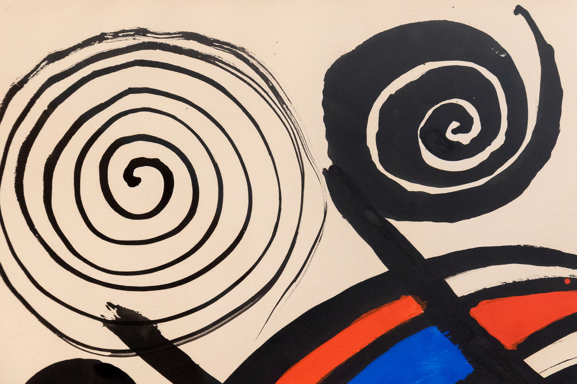 ALEXANDER CALDER - Untitled <div><font face=Calibri size=3 color=black>Gouaches became integral to Alexander Calder's artistic practice in the late 1930s and early 1940s. By the early 1960s, they were a well-established part of his repertoire, parallel to his more significant works and featuring prominently in his exhibitions. These smaller-scale pieces offered collectors an intimate glimpse into Calder's creative process, revealing his ability to capture the essence of his playful, dynamic forms with immediacy and intuition, often characterized by bold, energetic shapes and vibrant colors.</font></div>
<br>
<br><div> </div>
<br>
<br><div><font face=Calibri size=3 color=black>In this gouache from 1970, Calder employs a densely populated, diverse range of visual motifs. Large, bright red, blue, and black circles float among spirals and other abstract forms, while a central yellow orb, streaked with red, seems to radiate energy, suggesting movement or heat. To the left, a structure of intersecting lines and shapes introduces an architecturally restrained wave, while dynamic spirals animate the composition. The result is a celebratory display of Calder's signature elements—bold primary colors, geometric shapes, and flowing lines—each interacting in a lively, harmonious rhythm.</font></div>