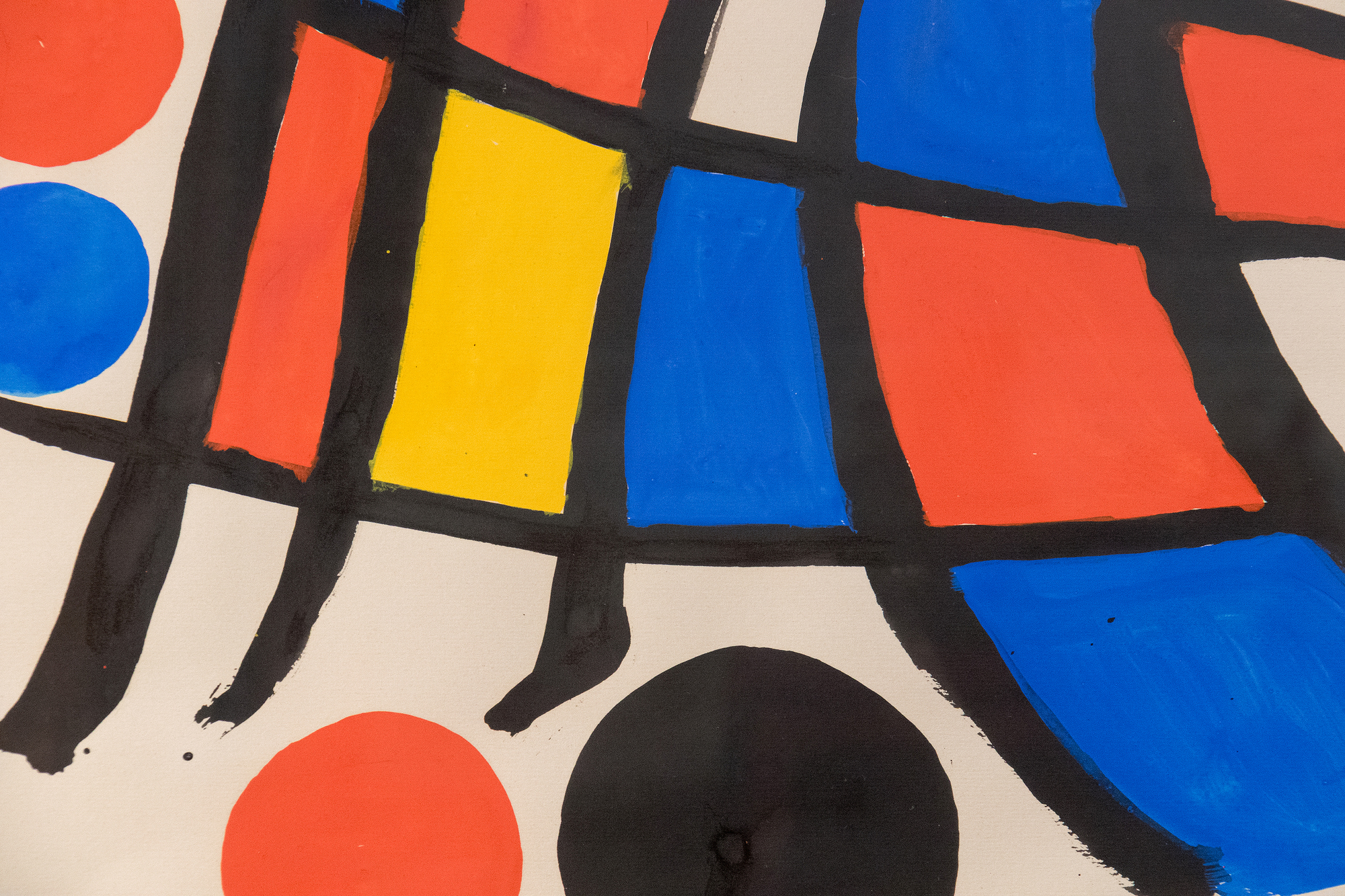 ALEXANDER CALDER - Untitled <div><font face=Calibri size=3 color=black>Gouaches became integral to Alexander Calder's artistic practice in the late 1930s and early 1940s. By the early 1960s, they were a well-established part of his repertoire, parallel to his more significant works and featuring prominently in his exhibitions. These smaller-scale pieces offered collectors an intimate glimpse into Calder's creative process, revealing his ability to capture the essence of his playful, dynamic forms with immediacy and intuition, often characterized by bold, energetic shapes and vibrant colors.</font></div>
<br>
<br><div> </div>
<br>
<br><div><font face=Calibri size=3 color=black>In this gouache from 1970, Calder employs a densely populated, diverse range of visual motifs. Large, bright red, blue, and black circles float among spirals and other abstract forms, while a central yellow orb, streaked with red, seems to radiate energy, suggesting movement or heat. To the left, a structure of intersecting lines and shapes introduces an architecturally restrained wave, while dynamic spirals animate the composition. The result is a celebratory display of Calder's signature elements—bold primary colors, geometric shapes, and flowing lines—each interacting in a lively, harmonious rhythm.</font></div>