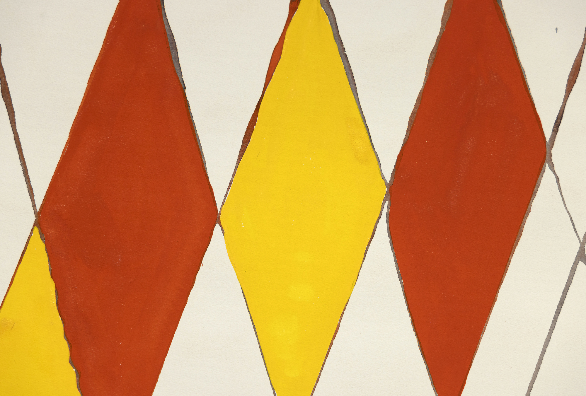 "Wigwam rouge et jaune", a captivating gouache painting by Alexander Calder, is a vibrant exploration of design and color. Dominated by a lattice of diagonal lines intersecting near their pinnacle, the composition exudes a dynamic balance. Calder introduces an element of whimsy with red and yellow diamond shapes, infusing the piece with playfulness and creating a festive atmosphere. Red balls at the right-leaning lines' apex evoke a whimsical impression, while smaller gray spheres atop left-leaning lines offer contrast and equilibrium. Calder's masterful fusion of simplicity and vital design elements makes Wigwam rouge et jaune a visual delight.