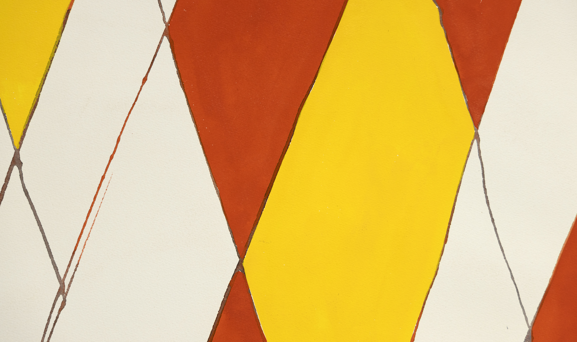 亚历山大-考尔德（Alexander Calder）的水粉画作品 &quot;Wigwam rouge et jaune &quot;是对设计和色彩的生动探索。这幅画的构图以对角线格为主，对角线在顶点附近相交，呈现出一种动态平衡。考尔德用红色和黄色的菱形引入了奇思妙想的元素，为作品注入了童趣，营造出节日的气氛。右倾线条顶点的红色小球唤起了人们的奇思妙想，而左倾线条顶端的灰色小球则提供了对比和平衡。考尔德巧妙地将简洁和重要的设计元素融合在一起，使 Wigwam rouge et jaune 成为一种视觉享受。
