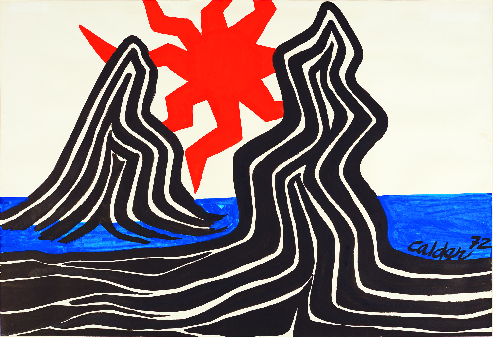 ALEXANDER CALDER - Zigzag Sun and Crags Zigzag, Sun, and Crags, painted in 1972, recalls the early morning hour of June 9, 1922 when the young seafaring adventurer Sandy (Alexander) Calder was awakened on the deck of the H. F. Alexander by the intense beams of tropical sunlight that burst across the bow. He stood, squinting against the glare, then turned his head to the west and felt a sudden rush of sensations that brought to him a cosmic resonance he had never felt before.
<br>
<br>“It was early one morning on a calm sea, off Guatemala, when over my couch — a coil of rope — I saw the beginning of a fiery red sunrise on one side and the moon looking like a silver coin on the other. Of the whole trip this impressed me most of all; it left me with a lasting sensation of the solar system.”
<br>
<br>Zignag, Sun, and Crags is not a simple memento of that experience. It is an exhilarating work that celebrates Calder’s inimitable way of imparting the wonder of the natural world by amplifying our experience of it. If, as he might wish, it brings a sense of interconnectedness and belonging as it did to him along the coast of Guatemala as a young Merchant Marine, so much the better.