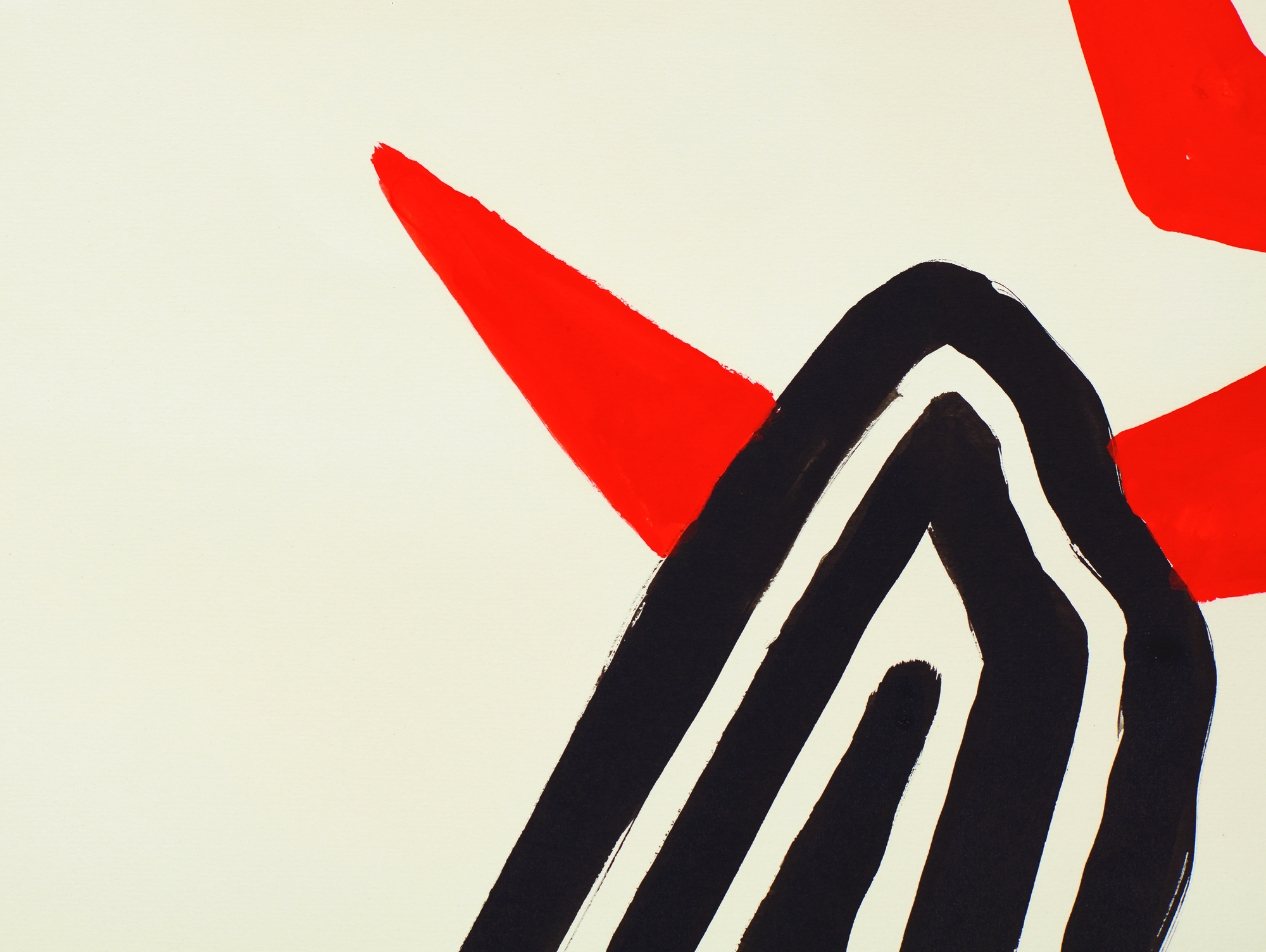 ALEXANDER CALDER - Zigzag Sun and Crags Zigzag, Sun, and Crags, painted in 1972, recalls the early morning hour of June 9, 1922 when the young seafaring adventurer Sandy (Alexander) Calder was awakened on the deck of the H. F. Alexander by the intense beams of tropical sunlight that burst across the bow. He stood, squinting against the glare, then turned his head to the west and felt a sudden rush of sensations that brought to him a cosmic resonance he had never felt before.
<br>
<br>“It was early one morning on a calm sea, off Guatemala, when over my couch — a coil of rope — I saw the beginning of a fiery red sunrise on one side and the moon looking like a silver coin on the other. Of the whole trip this impressed me most of all; it left me with a lasting sensation of the solar system.”
<br>
<br>Zignag, Sun, and Crags is not a simple memento of that experience. It is an exhilarating work that celebrates Calder’s inimitable way of imparting the wonder of the natural world by amplifying our experience of it. If, as he might wish, it brings a sense of interconnectedness and belonging as it did to him along the coast of Guatemala as a young Merchant Marine, so much the better.