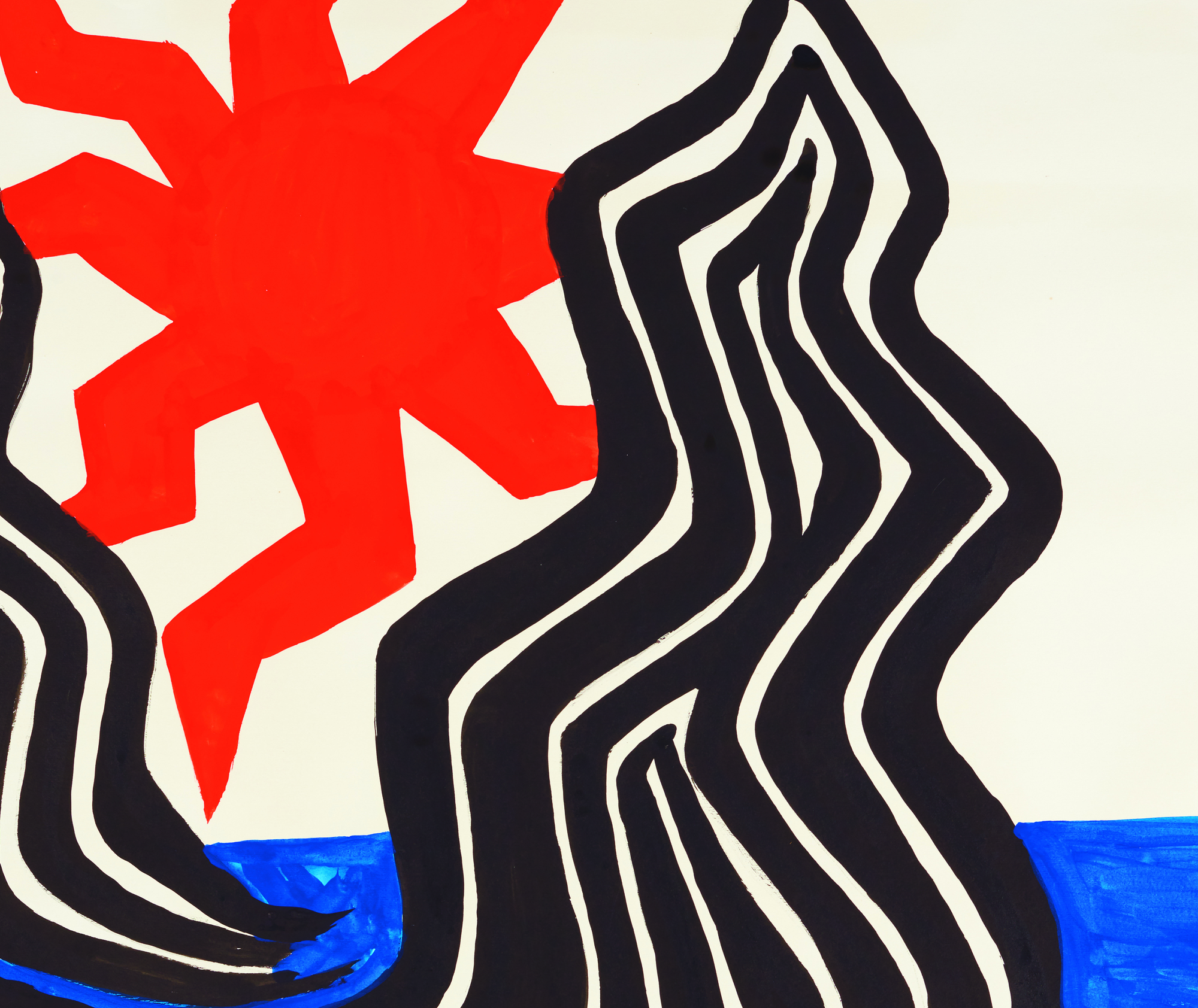 Zigzag, Sun, and Crags, painted in 1972, recalls the early morning hour of June 9, 1922 when the young seafaring adventurer Sandy (Alexander) Calder was awakened on the deck of the H. F. Alexander by the intense beams of tropical sunlight that burst across the bow. He stood, squinting against the glare, then turned his head to the west and felt a sudden rush of sensations that brought to him a cosmic resonance he had never felt before. <br><br>“It was early one morning on a calm sea, off Guatemala, when over my couch — a coil of rope — I saw the beginning of a fiery red sunrise on one side and the moon looking like a silver coin on the other. Of the whole trip this impressed me most of all; it left me with a lasting sensation of the solar system.” <br><br>Zignag, Sun, and Crags is not a simple memento of that experience. It is an exhilarating work that celebrates Calder’s inimitable way of imparting the wonder of the natural world by amplifying our experience of it. If, as he might wish, it brings a sense of interconnectedness and belonging as it did to him along the coast of Guatemala as a young Merchant Marine, so much the better.