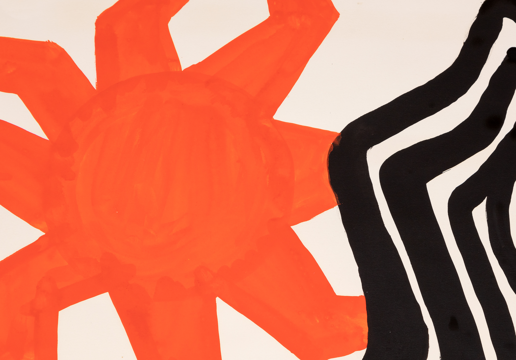 ALEXANDER CALDER - Zigzag Sun and Crags Zigzag, Sun, and Crags, painted in 1972, recalls the early morning hour of June 9, 1922 when the young seafaring adventurer Sandy (Alexander) Calder was awakened on the deck of the H. F. Alexander by the intense beams of tropical sunlight that burst across the bow. He stood, squinting against the glare, then turned his head to the west and felt a sudden rush of sensations that brought to him a cosmic resonance he had never felt before.
<br>
<br>“It was early one morning on a calm sea, off Guatemala, when over my couch — a coil of rope — I saw the beginning of a fiery red sunrise on one side and the moon looking like a silver coin on the other. Of the whole trip this impressed me most of all; it left me with a lasting sensation of the solar system.”
<br>
<br>Zignag, Sun, and Crags is not a simple memento of that experience. It is an exhilarating work that celebrates Calder’s inimitable way of imparting the wonder of the natural world by amplifying our experience of it. If, as he might wish, it brings a sense of interconnectedness and belonging as it did to him along the coast of Guatemala as a young Merchant Marine, so much the better.