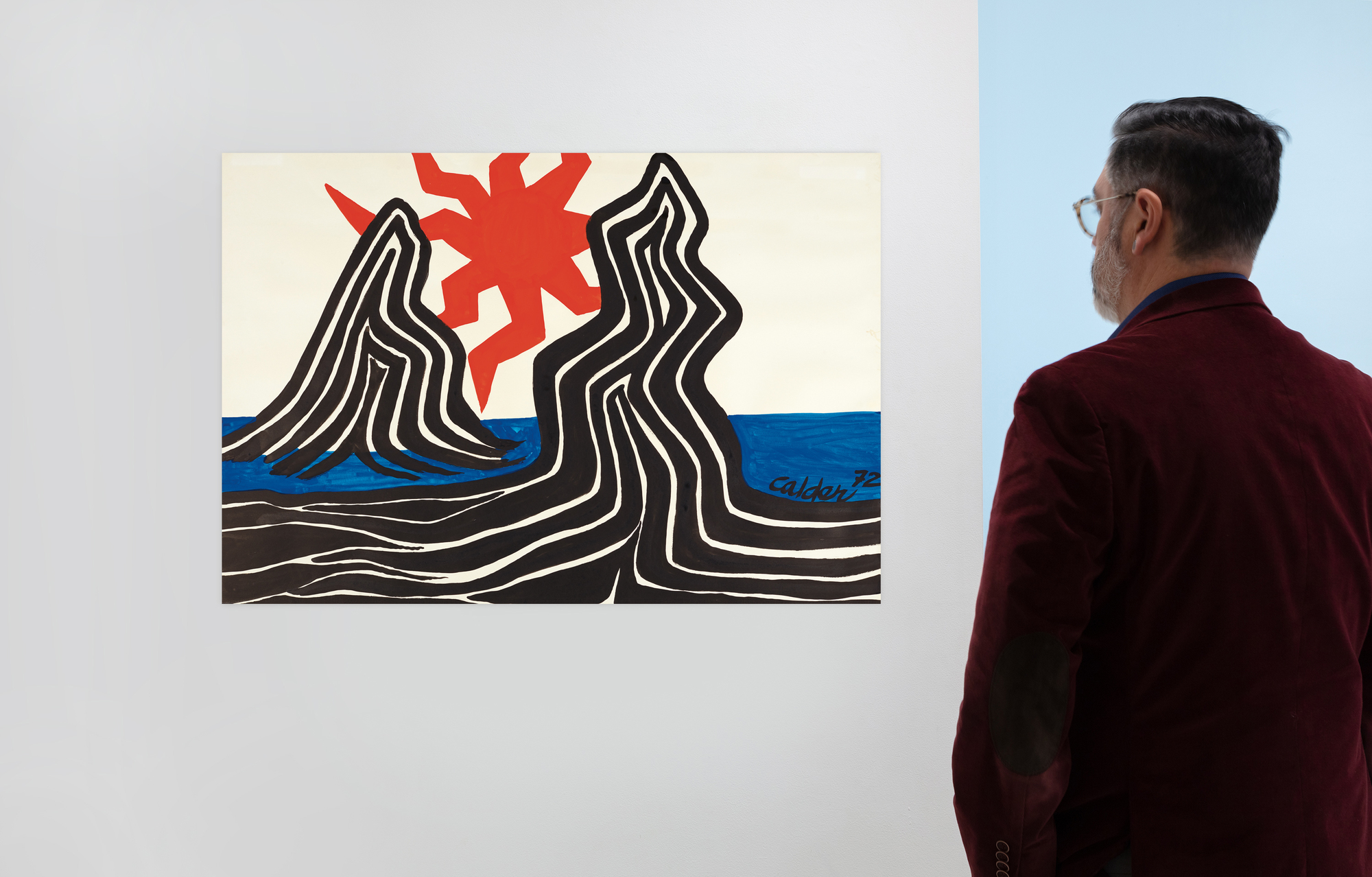 ALEXANDER CALDER - Zigzag Sun and Crags Zigzag, Sun, and Crags, painted in 1972, recalls the early morning hour of June 9, 1922 when the young seafaring adventurer Sandy (Alexander) Calder was awakened on the deck of the H. F. Alexander by the intense beams of tropical sunlight that burst across the bow. He stood, squinting against the glare, then turned his head to the west and felt a sudden rush of sensations that brought to him a cosmic resonance he had never felt before.
<br>
<br>“It was early one morning on a calm sea, off Guatemala, when over my couch — a coil of rope — I saw the beginning of a fiery red sunrise on one side and the moon looking like a silver coin on the other. Of the whole trip this impressed me most of all; it left me with a lasting sensation of the solar system.”
<br>
<br>Zignag, Sun, and Crags is not a simple memento of that experience. It is an exhilarating work that celebrates Calder’s inimitable way of imparting the wonder of the natural world by amplifying our experience of it. If, as he might wish, it brings a sense of interconnectedness and belonging as it did to him along the coast of Guatemala as a young Merchant Marine, so much the better.