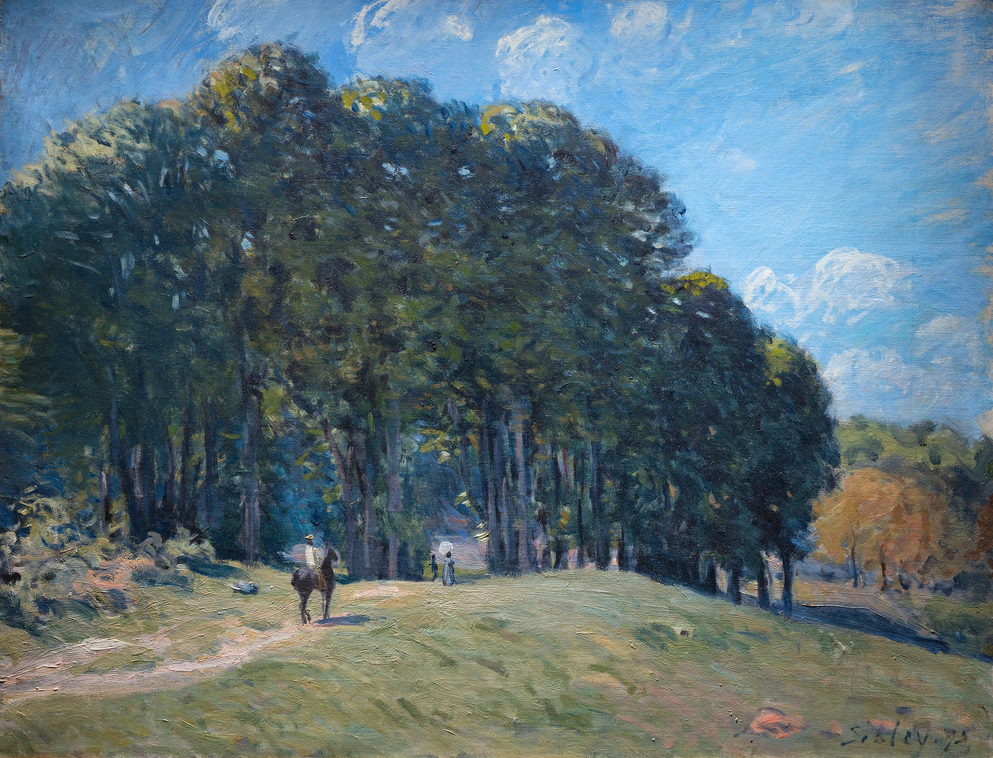 <div>Alfred Sisley’s Cavalier en lisière de forêt (Horseman on the Edge of the Forest), from 1875, is a luminous painting depicting a tranquil road near Marly-le-Roi, where Sisley found creative renewal after moving from Paris’s Batignolles quarter. This work, included in the 2021 catalogue raisonné of the work of Alfred Sisley prepared by Francois Daulte with Galerie Brame & Lorenceau and the Comité Alfred Sisley as no.196, showcases his unrivaled commitment to plein-air painting, even compared to Impressionist peers like Monet and Pissarro. Likely executed entirely outdoors, it captures the immediacy of a summer morning with feathery brushstrokes of muted greens, ochres, and blues, rendering a path winding into a forest, a lone horseman, and two figures—one with a parasol. </div>
<br>
<br><div> </div>
<br>
<br><div>Sisley’s move to Marly-le-Roi, driven by a love for greenery and the need to support his young family amid financial strain post-Franco-Prussian War, shaped this work. Painted after the 1874 Impressionist exhibition’s disappointing sales, it reflects resilience. The diffused light and geometric composition—path and trees anchoring a vast sky—evoke the region’s gentle haze. Camille Pissarro, a close colleague, hailed Sisley as “a great and beautiful artist, in my opinion he is a master equal to the greatest” (Pissarro, quoted in C. Lloyd, ‘Alfred Sisley and the Purity of Vision’, pp. 5-33, M. Stevens (ed.), Alfred Sisley, exh. cat., New Haven and London, 1992, p. 8). The 2021 Brame and Lorenceau catalogue notes 360 of Sisley’s 1,013 oil paintings reside in museums, affirming his legacy. </div>
<br>
<br><div> </div>
<br>
<br><div>This concise yet evocative piece offers collectors a rare glimpse into Sisley’s mastery, blending nature’s beauty with Impressionist innovation. </div>