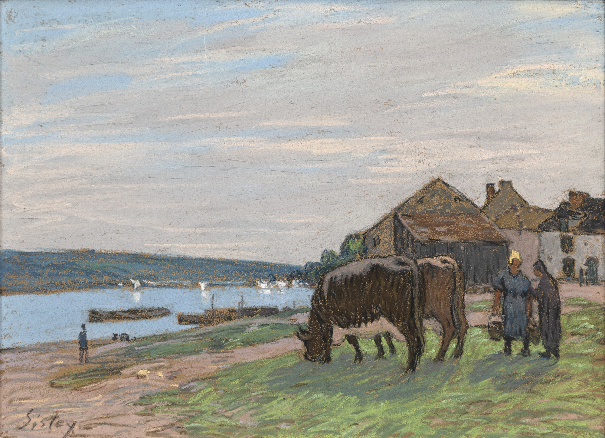 ALFRED SISLEY - Vaches au paturage sur les bords de la Seine - pastel on paper - 11 1/4 x 15 1/2 in.