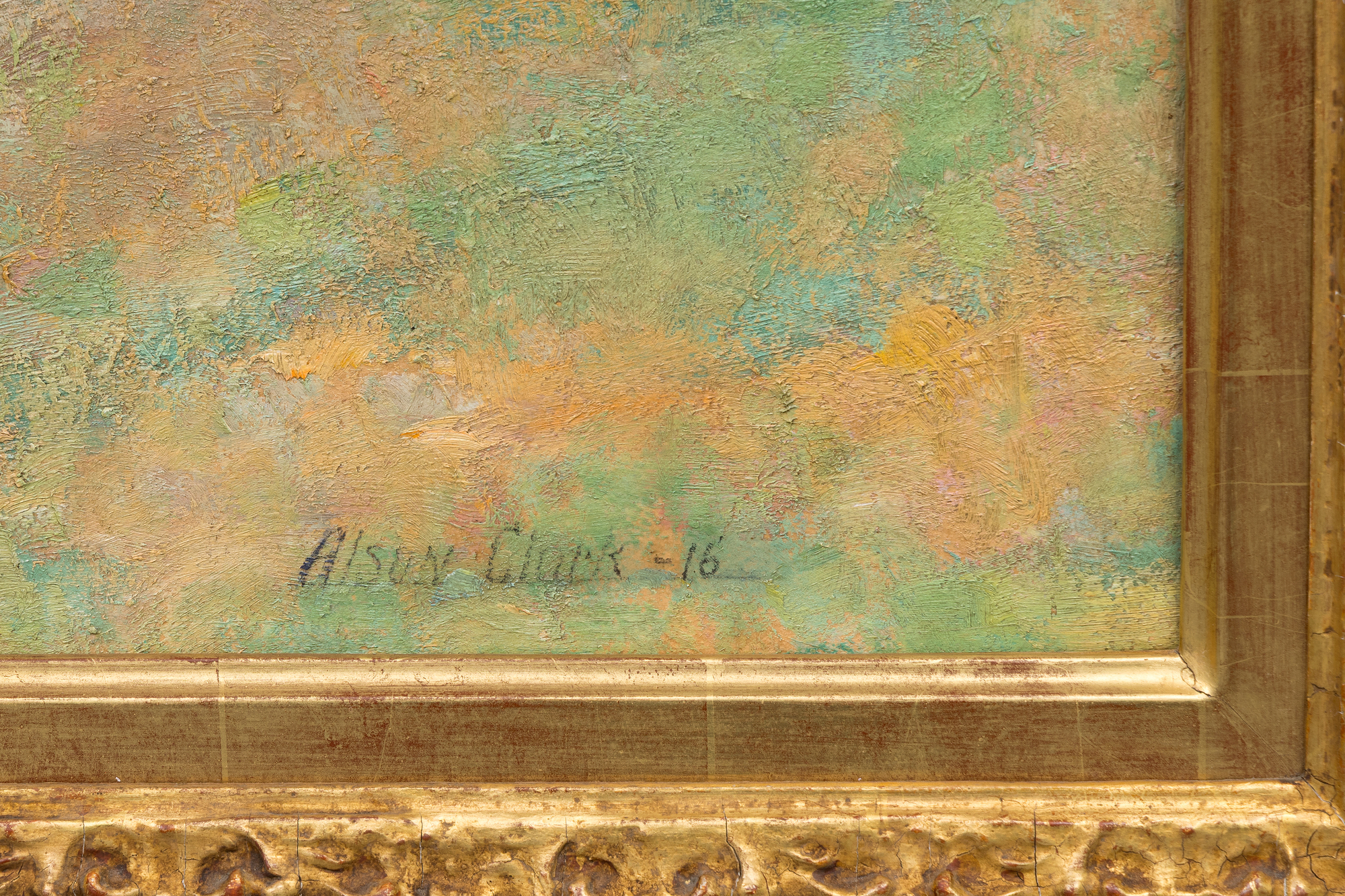 <div>Alson Clark’s <em>Autumn, St. Lawrence River</em> (1916) is a celebration of seasonal color and painterly assurance, created during a highly productive summer spent along the St. Lawrence River. Painted at a moment of peak confidence, the work follows closely on the artist’s major success at the Panama–Pacific International Exposition, where Clark filled an entire exhibition room with his paintings—an achievement that firmly established his reputation and momentum at this stage of his career. </div><br><br><div>&nbsp;</div><br><br><div>The composition unfolds across a gently rolling landscape animated by the brilliance of early autumn. Trees blaze with saturated yellows, oranges, and soft reds, their foliage rendered in broken, impressionistic strokes against a clear, luminous blue sky. Clark’s confident handling of paint allows color to carry form, creating a sense of depth through overlapping passages. Small grazing cattle dot the hillside, providing scale and a quiet note of pastoral life that anchors the composition without interrupting its chromatic rhythm. </div><br><br><div>&nbsp;</div><br><br><div>Clark was celebrated for his ability to fuse American landscape painting with lessons drawn from European Impressionism, and this work exemplifies that synthesis. The surface remains lively and tactile, with visible brushwork that conveys movement and atmosphere while maintaining compositional harmony. <em>Autumn, St. Lawrence River </em>reflects not only the artist’s mastery of color and light, but also the assured vision of a painter fully at ease with his subject, transforming a specific place and moment into a timeless expression of seasonal abundance. </div>