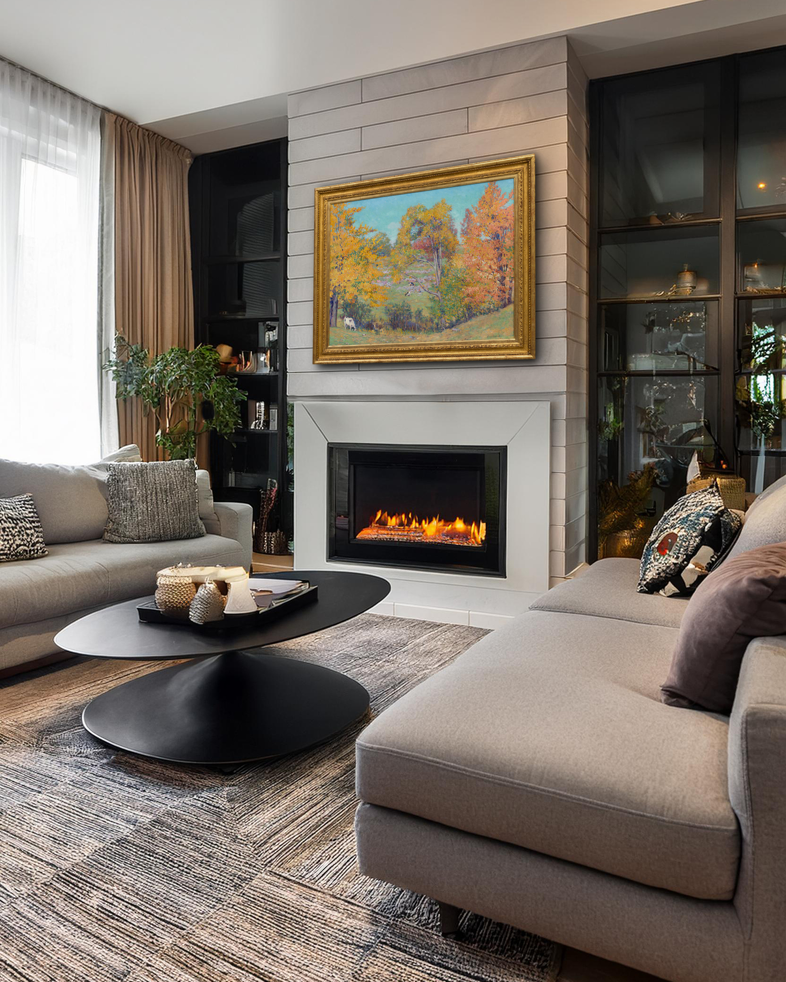 <div>Alson Clark’s <em>Autumn, St. Lawrence River</em> (1916) is a celebration of seasonal color and painterly assurance, created during a highly productive summer spent along the St. Lawrence River. Painted at a moment of peak confidence, the work follows closely on the artist’s major success at the Panama–Pacific International Exposition, where Clark filled an entire exhibition room with his paintings—an achievement that firmly established his reputation and momentum at this stage of his career. </div><br><br><div>&nbsp;</div><br><br><div>The composition unfolds across a gently rolling landscape animated by the brilliance of early autumn. Trees blaze with saturated yellows, oranges, and soft reds, their foliage rendered in broken, impressionistic strokes against a clear, luminous blue sky. Clark’s confident handling of paint allows color to carry form, creating a sense of depth through overlapping passages. Small grazing cattle dot the hillside, providing scale and a quiet note of pastoral life that anchors the composition without interrupting its chromatic rhythm. </div><br><br><div>&nbsp;</div><br><br><div>Clark was celebrated for his ability to fuse American landscape painting with lessons drawn from European Impressionism, and this work exemplifies that synthesis. The surface remains lively and tactile, with visible brushwork that conveys movement and atmosphere while maintaining compositional harmony. <em>Autumn, St. Lawrence River </em>reflects not only the artist’s mastery of color and light, but also the assured vision of a painter fully at ease with his subject, transforming a specific place and moment into a timeless expression of seasonal abundance. </div>