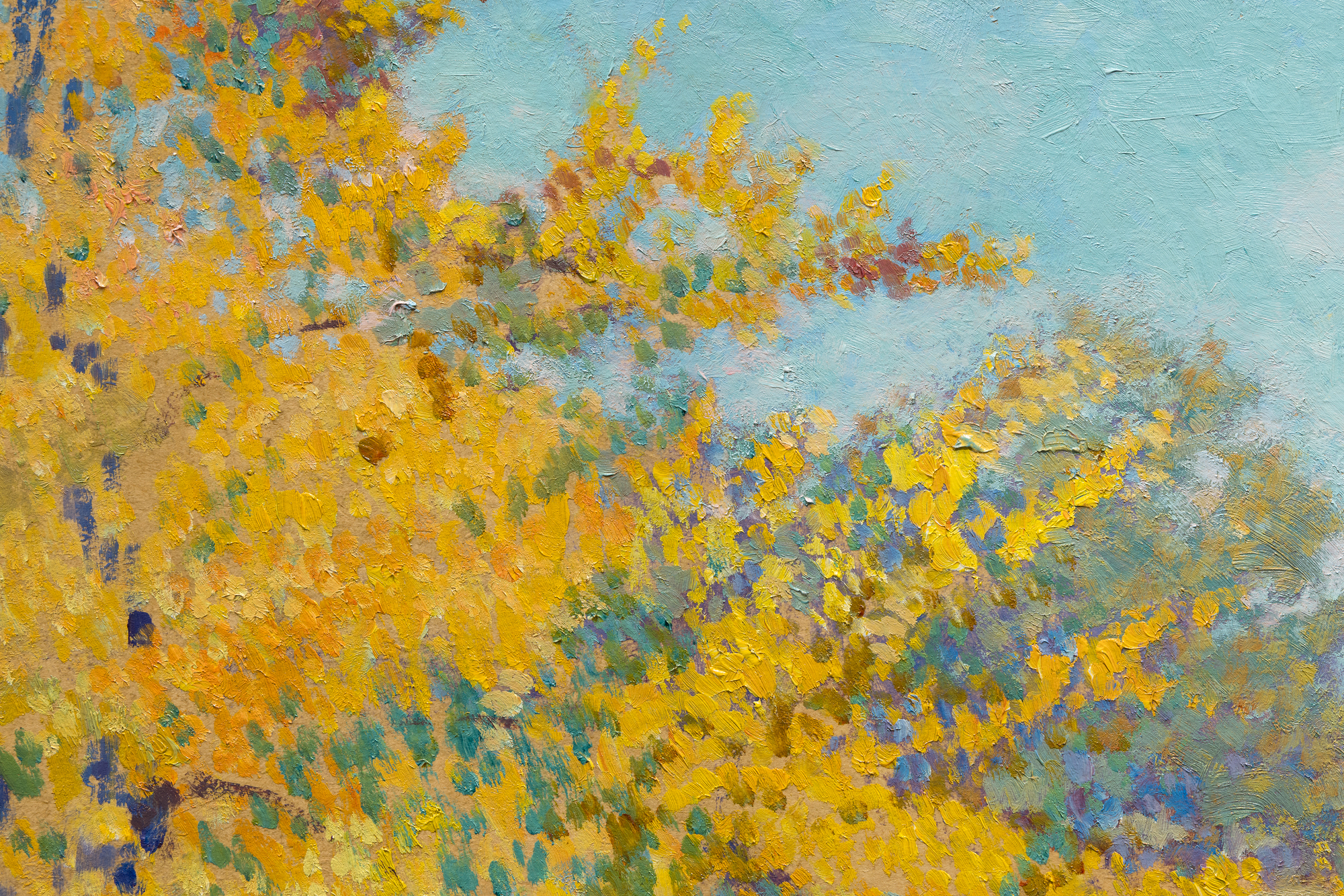 <div>Alson Clark’s <em>Autumn, St. Lawrence River</em> (1916) is a celebration of seasonal color and painterly assurance, created during a highly productive summer spent along the St. Lawrence River. Painted at a moment of peak confidence, the work follows closely on the artist’s major success at the Panama–Pacific International Exposition, where Clark filled an entire exhibition room with his paintings—an achievement that firmly established his reputation and momentum at this stage of his career. </div><br><br><div>&nbsp;</div><br><br><div>The composition unfolds across a gently rolling landscape animated by the brilliance of early autumn. Trees blaze with saturated yellows, oranges, and soft reds, their foliage rendered in broken, impressionistic strokes against a clear, luminous blue sky. Clark’s confident handling of paint allows color to carry form, creating a sense of depth through overlapping passages. Small grazing cattle dot the hillside, providing scale and a quiet note of pastoral life that anchors the composition without interrupting its chromatic rhythm. </div><br><br><div>&nbsp;</div><br><br><div>Clark was celebrated for his ability to fuse American landscape painting with lessons drawn from European Impressionism, and this work exemplifies that synthesis. The surface remains lively and tactile, with visible brushwork that conveys movement and atmosphere while maintaining compositional harmony. <em>Autumn, St. Lawrence River </em>reflects not only the artist’s mastery of color and light, but also the assured vision of a painter fully at ease with his subject, transforming a specific place and moment into a timeless expression of seasonal abundance. </div>