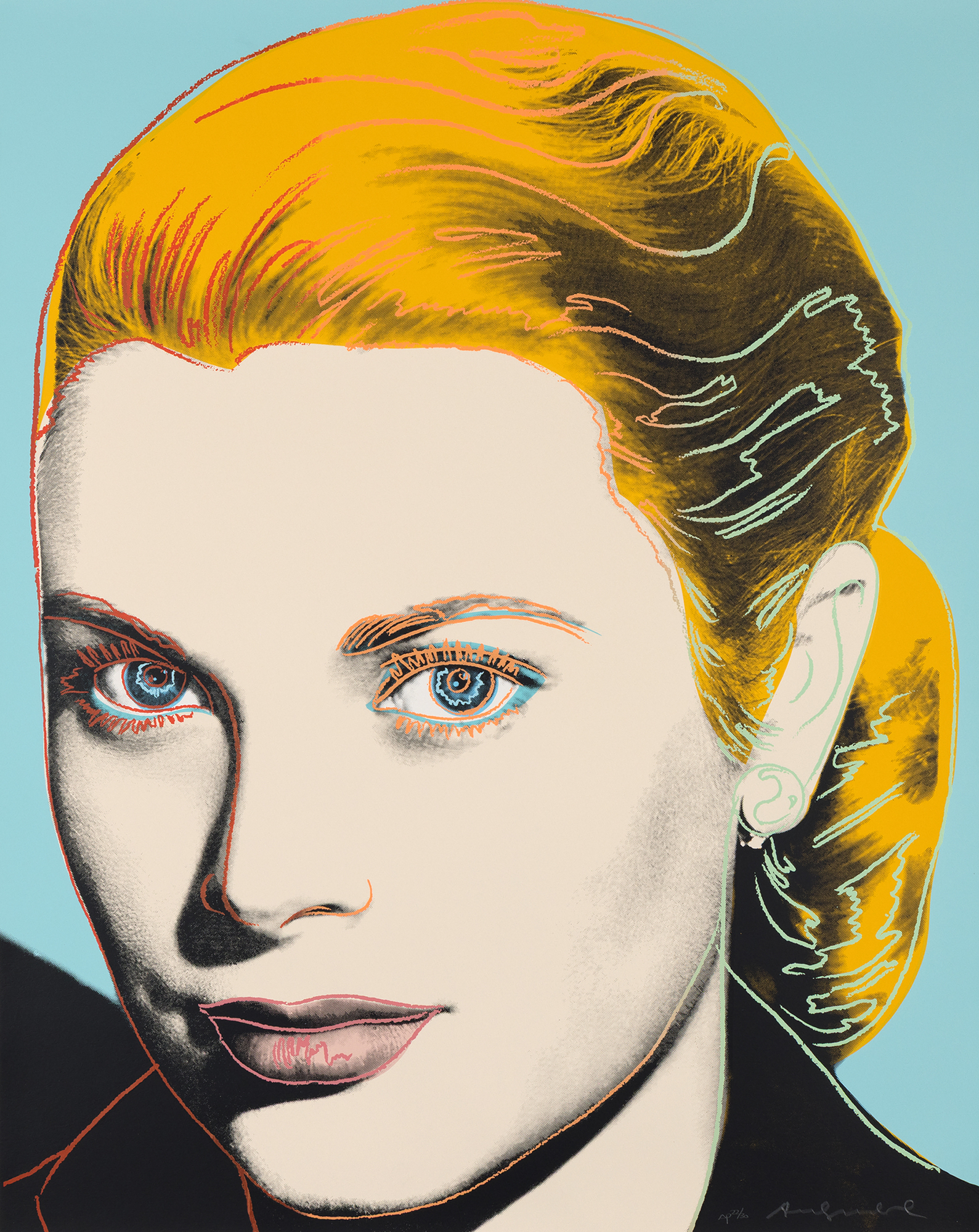 ANDY WARHOL - Grace Kelly <div><font face=Lato size=3>Andy Warhol’s <em>Grace Kelly</em> (1984) is a dazzling screenprint that immortalizes one of Hollywood’s most iconic stars, who later became Princess of Monaco. This impression, one of 30 artist’s proofs aside from the regular edition of 225, depicts Kelly with radiant canary yellow hair set against a turquoise ground. Her face, rendered through Warhol’s crisp silkscreened contours, is at once immediately recognizable and transformed into a bold graphic emblem. </font></div>
<br>
<br><div><font face=Lato size=3> </font></div>
<br>
<br><div><font face=Lato size=3>The image is based on a film still from<em> Fourteen Hours</em> (1951), Kelly’s screen debut, which Warhol reimagines through his signature Pop sensibility. By isolating and intensifying her features with vibrant color contrasts, he heightens both the glamour of the actress and the constructed nature of celebrity imagery. The turquoise background vibrates against Kelly’s luminous hair, underscoring Warhol’s mastery of color as a tool of both allure and abstraction. </font></div>
<br>
<br><div><font face=Lato size=3> </font></div>
<br>
<br><div><font face=Lato size=3>Created during a period when Warhol was revisiting the great icons of his earlier career, <em>Grace Kelly</em> encapsulates his fascination with beauty, fame, and cultural mythmaking. The work distills Kelly’s presence into a timeless symbol—simultaneously a celebration of her cinematic allure and a meditation on the transformation of star into legend. </font></div>
<br>
<br><div><font face=Lato size=3> </font></div>
<br>
<br><div><font face=Lato size=3> </font></div>