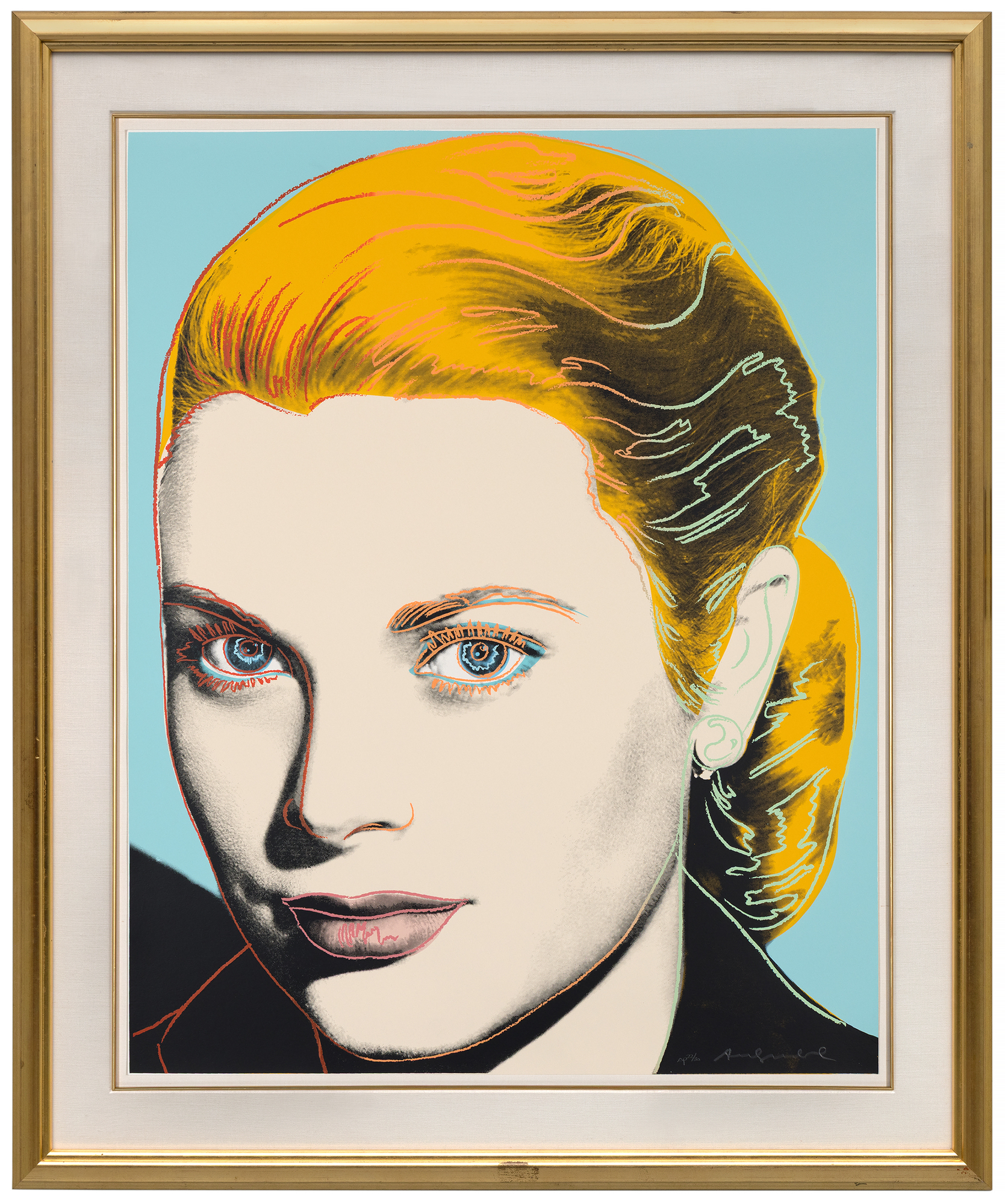 ANDY WARHOL - Grace Kelly <div><font face=Lato size=3>Andy Warhol’s <em>Grace Kelly</em> (1984) is a dazzling screenprint that immortalizes one of Hollywood’s most iconic stars, who later became Princess of Monaco. This impression, one of 30 artist’s proofs aside from the regular edition of 225, depicts Kelly with radiant canary yellow hair set against a turquoise ground. Her face, rendered through Warhol’s crisp silkscreened contours, is at once immediately recognizable and transformed into a bold graphic emblem. </font></div>
<br>
<br><div><font face=Lato size=3> </font></div>
<br>
<br><div><font face=Lato size=3>The image is based on a film still from<em> Fourteen Hours</em> (1951), Kelly’s screen debut, which Warhol reimagines through his signature Pop sensibility. By isolating and intensifying her features with vibrant color contrasts, he heightens both the glamour of the actress and the constructed nature of celebrity imagery. The turquoise background vibrates against Kelly’s luminous hair, underscoring Warhol’s mastery of color as a tool of both allure and abstraction. </font></div>
<br>
<br><div><font face=Lato size=3> </font></div>
<br>
<br><div><font face=Lato size=3>Created during a period when Warhol was revisiting the great icons of his earlier career, <em>Grace Kelly</em> encapsulates his fascination with beauty, fame, and cultural mythmaking. The work distills Kelly’s presence into a timeless symbol—simultaneously a celebration of her cinematic allure and a meditation on the transformation of star into legend. </font></div>
<br>
<br><div><font face=Lato size=3> </font></div>
<br>
<br><div><font face=Lato size=3> </font></div>