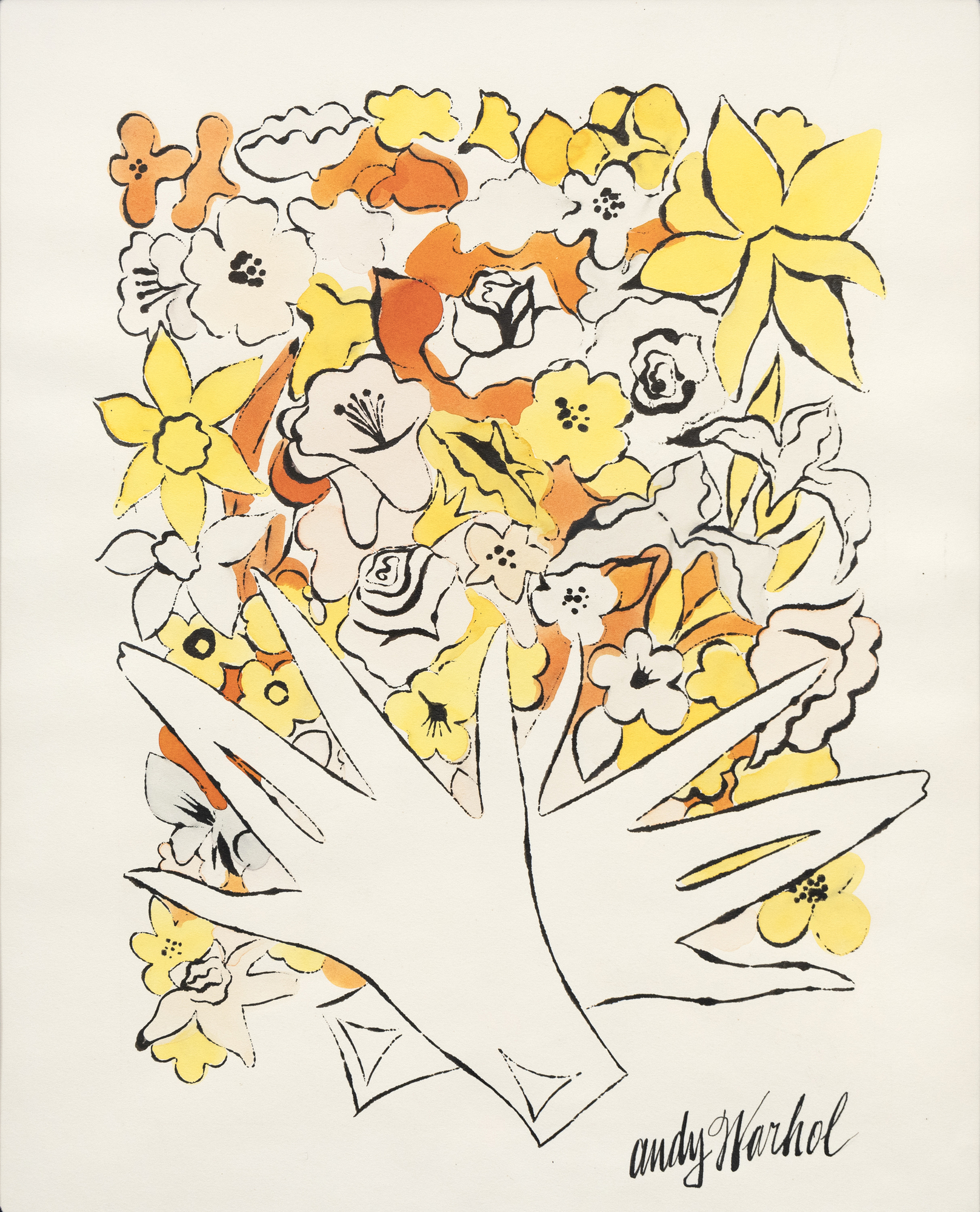 Often overlooked, Warhol's ink and color dye drawings display his knack for reducing motifs and elements to their essential nature using an economy of line and a wonderful playfulness that characterizes each. They often remind us that art can best be effective purveyors of humor and whimsy if uncomplicated and free-flowing. Untitled, Flowers is a forerunning of his famous 1960 Vogue layout, combining drawings of flowers in fluorescent colors. It anticipates Warhol's early inclination to separate line from color, a device that would later give his silkscreen images their abstract immediacy.