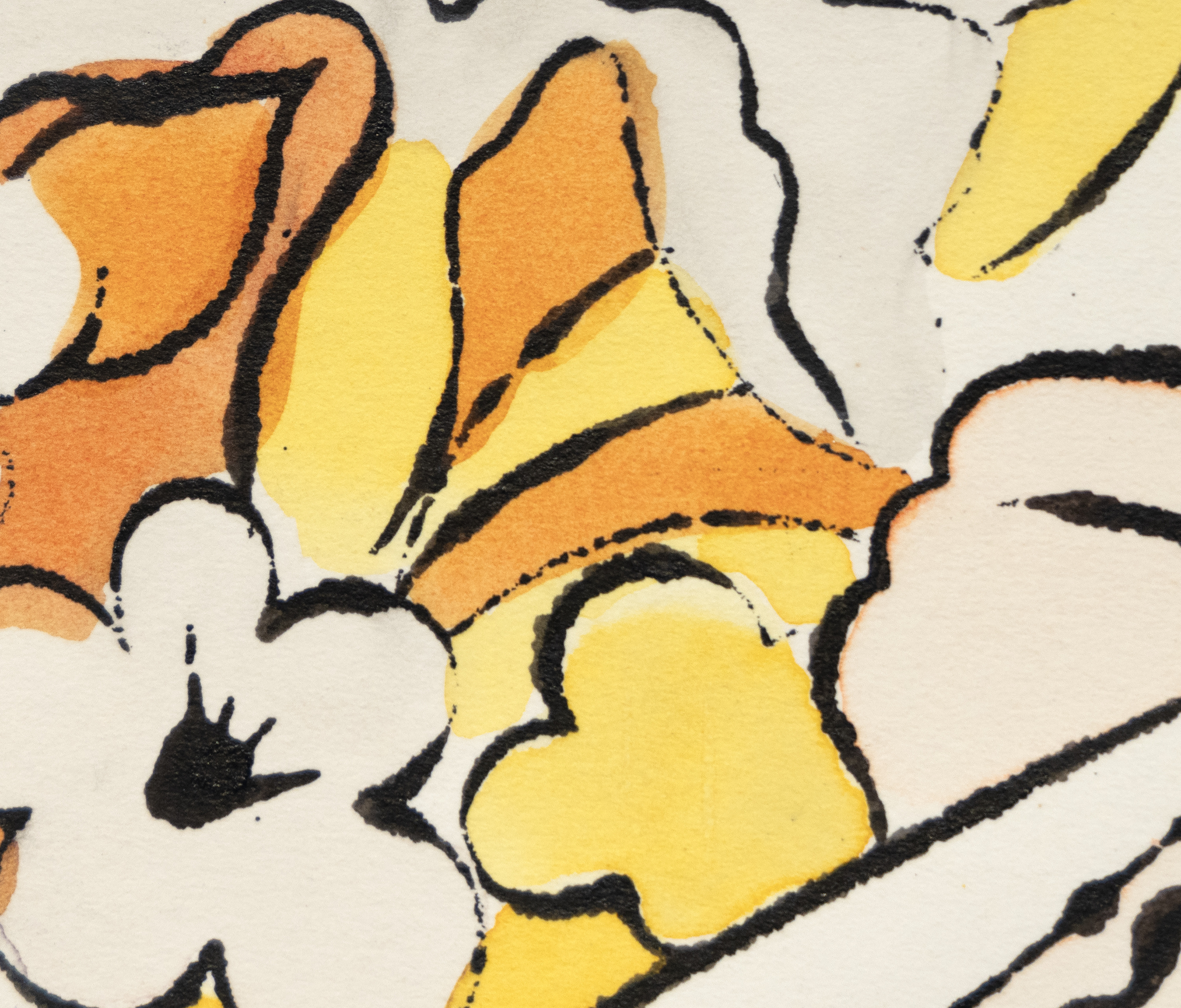 Die oft übersehenen Tusche- und Farbstoffzeichnungen Warhols zeigen seine Fähigkeit, Motive und Elemente mit sparsamem Strich auf das Wesentliche zu reduzieren, und zeichnen sich durch eine wunderbare Verspieltheit aus. Sie erinnern uns oft daran, dass Kunst am besten Humor und Laune vermitteln kann, wenn sie unkompliziert und frei fließend ist. Untitled, Flowers ist ein Vorläufer seines berühmten Vogue-Layouts von 1960, das Zeichnungen von Blumen in fluoreszierenden Farben kombiniert. Es nimmt Warhols frühe Neigung vorweg, Linie und Farbe zu trennen, ein Mittel, das später seinen Siebdrucken ihre abstrakte Unmittelbarkeit verleihen sollte.