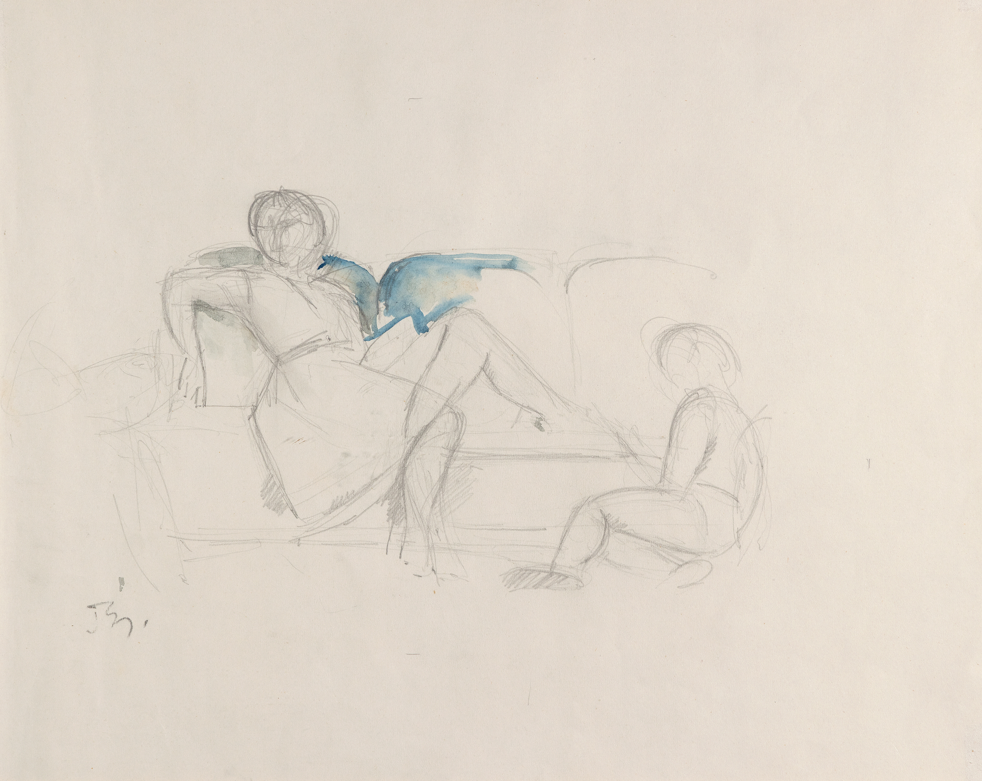 <div><font face=Lato size=3>"Study for Three Sisters," a 1954 mixed media drawing by Balthus, offers an intimate glimpse into the artist’s preliminary creative process. Executed in pencil with subtle blue watercolor accents, this sketch captures two figures—a reclining woman and a seated child—arranged with a spontaneous yet deliberate energy on a couch. The loose, expressive lines and minimal detailing reveal the immediacy and personality of the subjects, contrasting with the more formal and structured compositions of his final paintings. As a study for the major work "Three Sisters" within a series of significant canvases by the same name, it provides a window into Balthus’ evolution, showcasing how he refined his subjects over time and approached their portrayal with careful consideration. </font></div>
<br>
<br><div><font face=Lato size=3> </font></div>
<br>
<br><div><font face=Lato size=3>Balthus, like many avant-garde artists of the early 20th century such as Paul Gauguin, Edvard Munch, and Pablo Picasso, saw children as vessels of raw, unformed spirit, untouched by societal constraints, and viewed adolescent themes as a potent source of psychological depth and uninhibited expression. This perspective infuses the drawing with a tender yet enigmatic quality. The provenance includes Nicholas Fox Weber, the acclaimed Balthus biographer, adding historical weight to the piece. A related "sister drawing" is held in the Art Institute of Chicago’s permanent collection, further affirming its significance. This work not only highlights Balthus’ mastery of mixed media but also serves as a compelling study of youth and intimacy, inviting viewers to explore the artist’s thoughtful development of his iconic themes. </font></div>