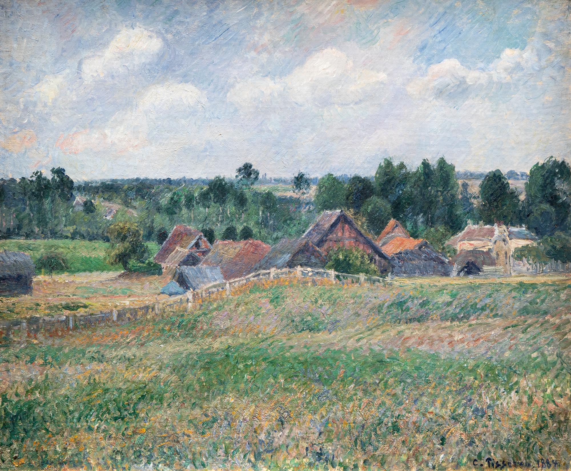 <div>Camille Pissarro’s La Briqueterie Delafolie à Éragny (1884) offers a vivid rural scene from Éragny. The painting has never been to auction, instead gracing numerous exhibitions in Zurich, Paris, Brussels, Warsaw, and Santa Barbara since its creation. Documented as no. 776 in volume III of the catalogue raisonné by Joachim Pissarro and Claire Durand-Ruel Snollaerts (illustrated p. 514), it stands as a testament to Pissarro’s Impressionist legacy. </div>
<br>
<br><div> </div>
<br>
<br><div>The foreground features a polychrome meadow. The staccato green, ochre, and lilac brushstrokes in all directions convey the wind’s gentle movement through the field beneath a fleecy sky. In the distance, the Delafolie brickyard emerges, owned by Pissarro’s good friend and neighbor. The catalogue raisonné notes:  </div>
<br>
<br><div> </div>
<br>
<br><div>“The Delafolie brickyard at Éragny, refers to a local family-owned and operated brickyard. Mr. Delafolie wasn’t just a bricklayer—he was Pissarro’s neighbor and brewed his own cider. His cider was reportedly so good that Claude Monet once wrote to Pissarro asking who the merchant was and how he could order a keg for himself. Pissarro and Mr. Delafolie were good friends, and Pissarro often took advantage of Mr. Delafolie’s regular deliveries to Paris and Gisors to ship his paintings along with the bricks.”  </div>
<br>
<br><div> </div>
<br>
<br><div>Similar works reside in the Musée d’Orsay, the Walters Art Museum, and the Birmingham Museum of Art. This painting offers collectors a rare, well-traveled piece, embodying Pissarro’s intimate connection to Éragny’s landscape and community. </div>