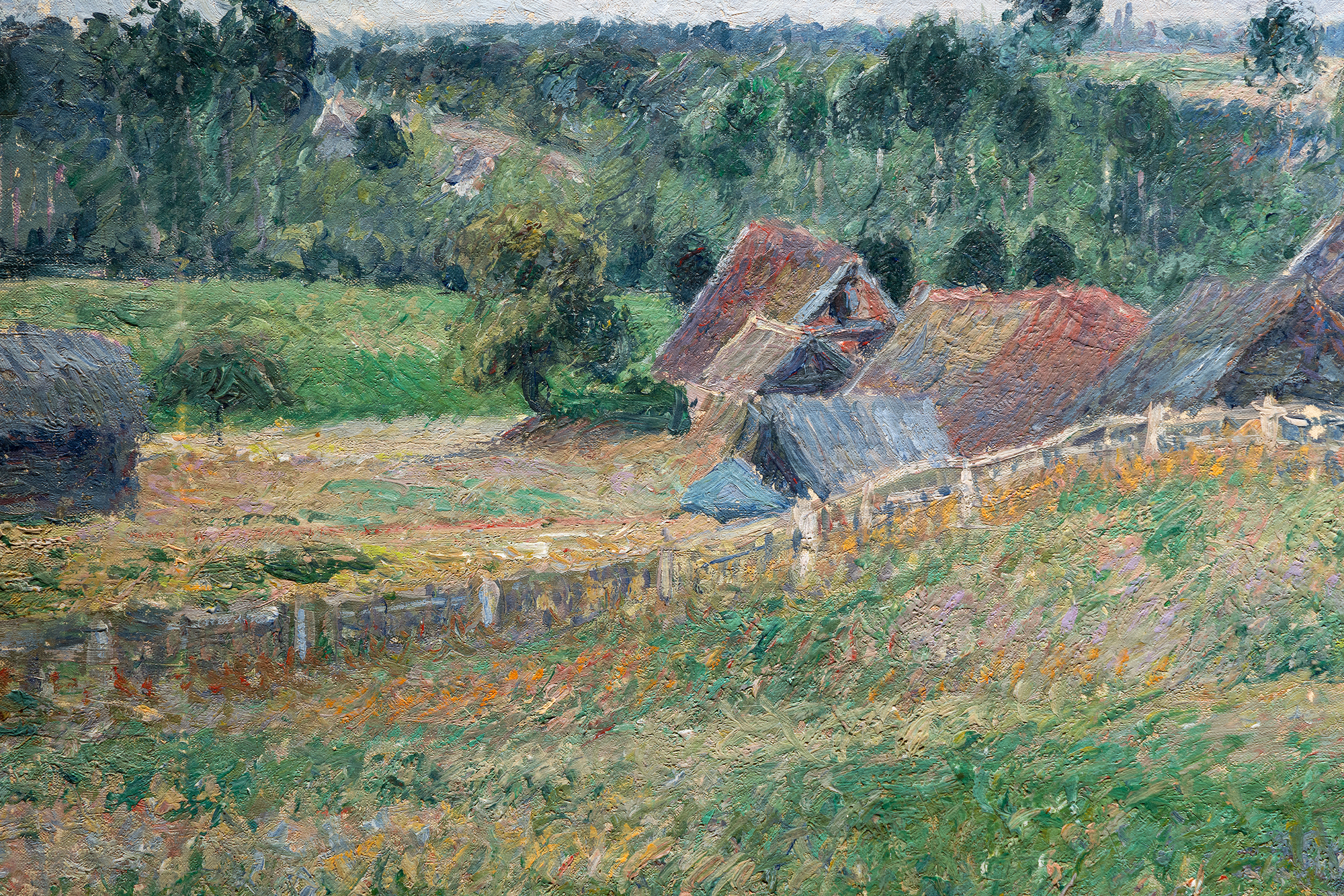 <div>Camille Pissarro’s La Briqueterie Delafolie à Éragny (1884) offers a vivid rural scene from Éragny. The painting has never been to auction, instead gracing numerous exhibitions in Zurich, Paris, Brussels, Warsaw, and Santa Barbara since its creation. Documented as no. 776 in volume III of the catalogue raisonné by Joachim Pissarro and Claire Durand-Ruel Snollaerts (illustrated p. 514), it stands as a testament to Pissarro’s Impressionist legacy. </div>
<br>
<br><div> </div>
<br>
<br><div>The foreground features a polychrome meadow. The staccato green, ochre, and lilac brushstrokes in all directions convey the wind’s gentle movement through the field beneath a fleecy sky. In the distance, the Delafolie brickyard emerges, owned by Pissarro’s good friend and neighbor. The catalogue raisonné notes:  </div>
<br>
<br><div> </div>
<br>
<br><div>“The Delafolie brickyard at Éragny, refers to a local family-owned and operated brickyard. Mr. Delafolie wasn’t just a bricklayer—he was Pissarro’s neighbor and brewed his own cider. His cider was reportedly so good that Claude Monet once wrote to Pissarro asking who the merchant was and how he could order a keg for himself. Pissarro and Mr. Delafolie were good friends, and Pissarro often took advantage of Mr. Delafolie’s regular deliveries to Paris and Gisors to ship his paintings along with the bricks.”  </div>
<br>
<br><div> </div>
<br>
<br><div>Similar works reside in the Musée d’Orsay, the Walters Art Museum, and the Birmingham Museum of Art. This painting offers collectors a rare, well-traveled piece, embodying Pissarro’s intimate connection to Éragny’s landscape and community. </div>
