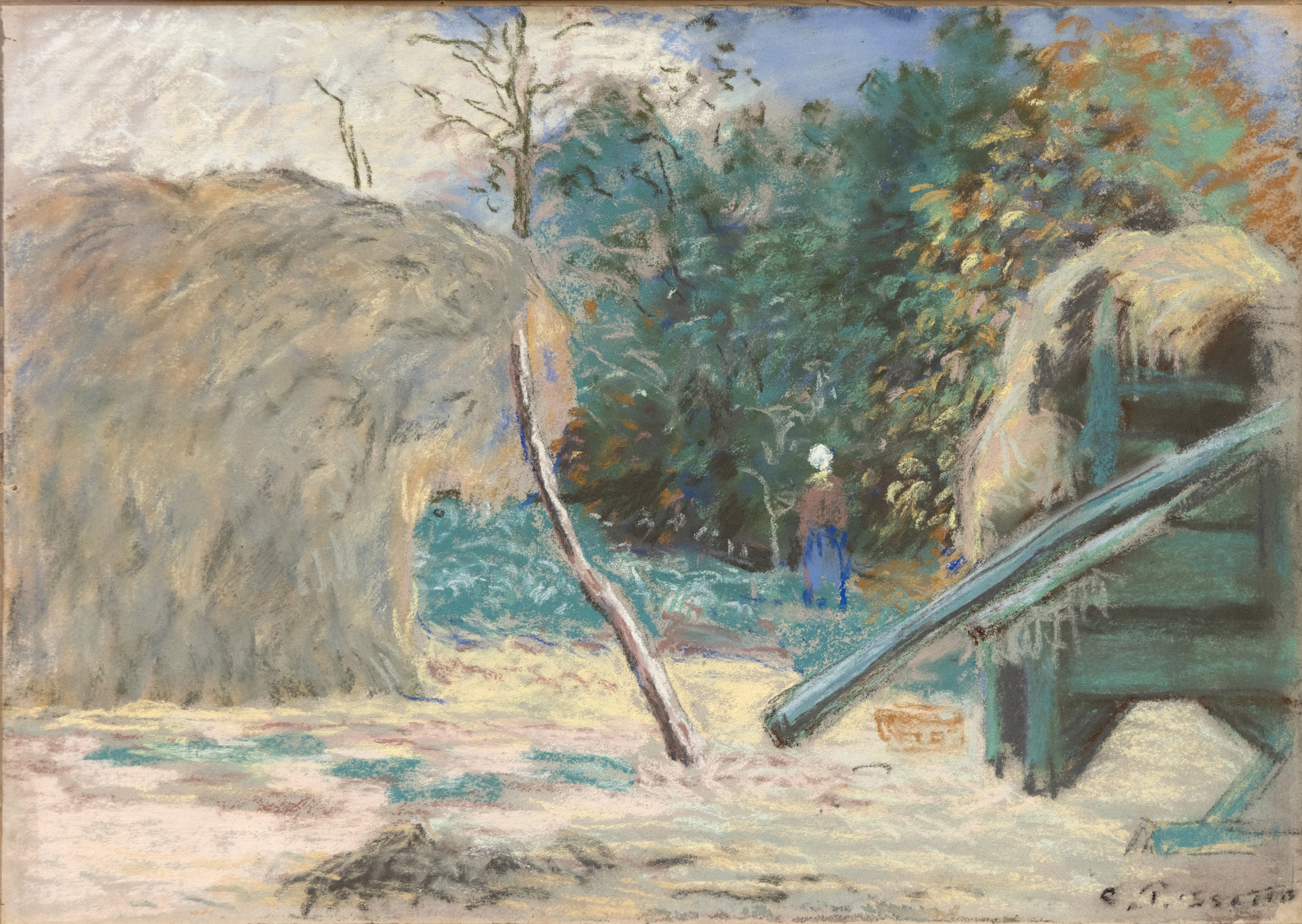 كاميل بيسارو - Paysage avec batteuse a Montfoucault - باستيل على ورق موضوع على متن الطائرة - 10 3/8 × 14 3/4 بوصة.