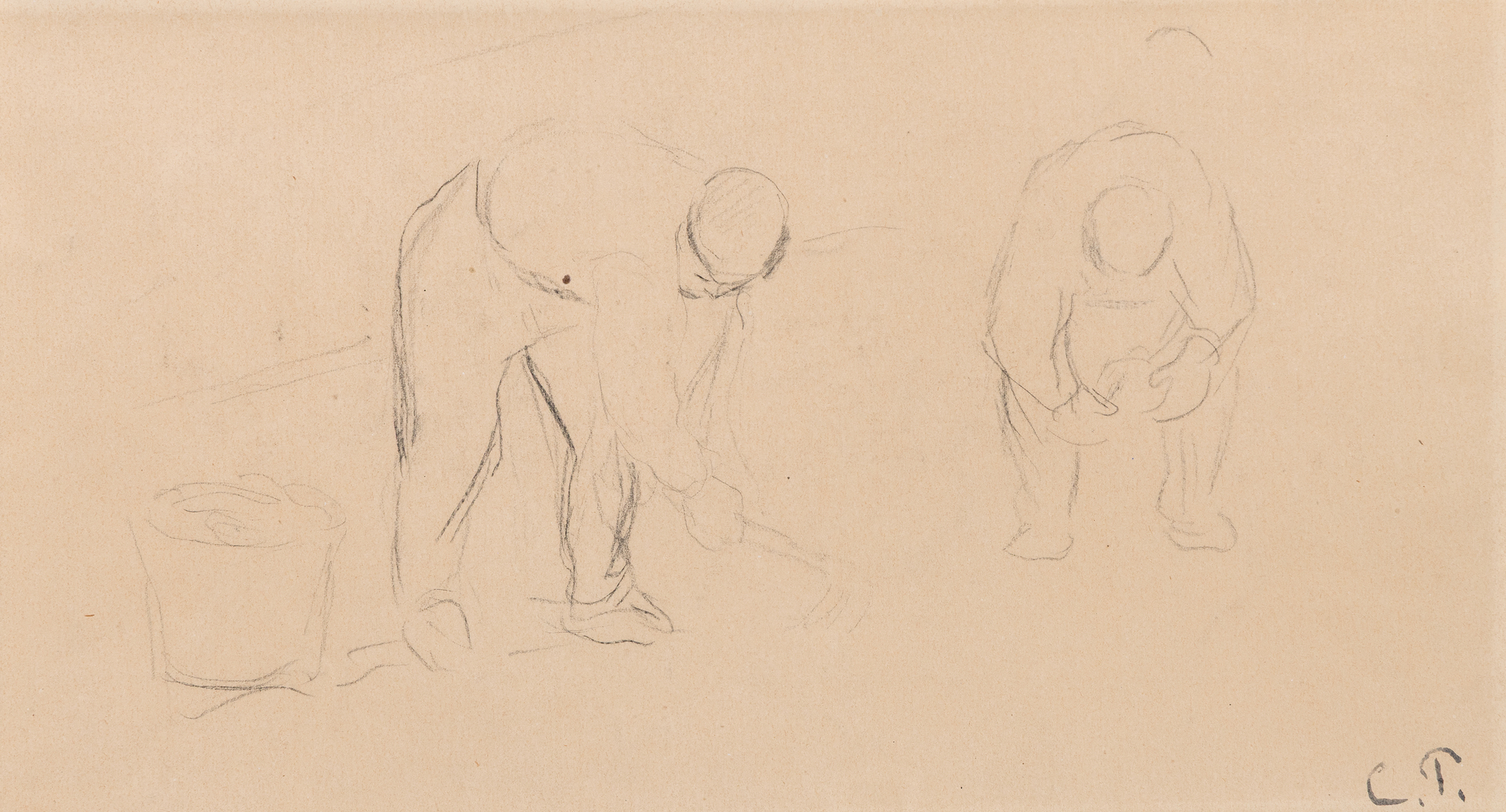CAMILLE PISSARRO - Two Workers in the Workfield - pencil on paper - 6 1/4 x 11 1/4 in.
