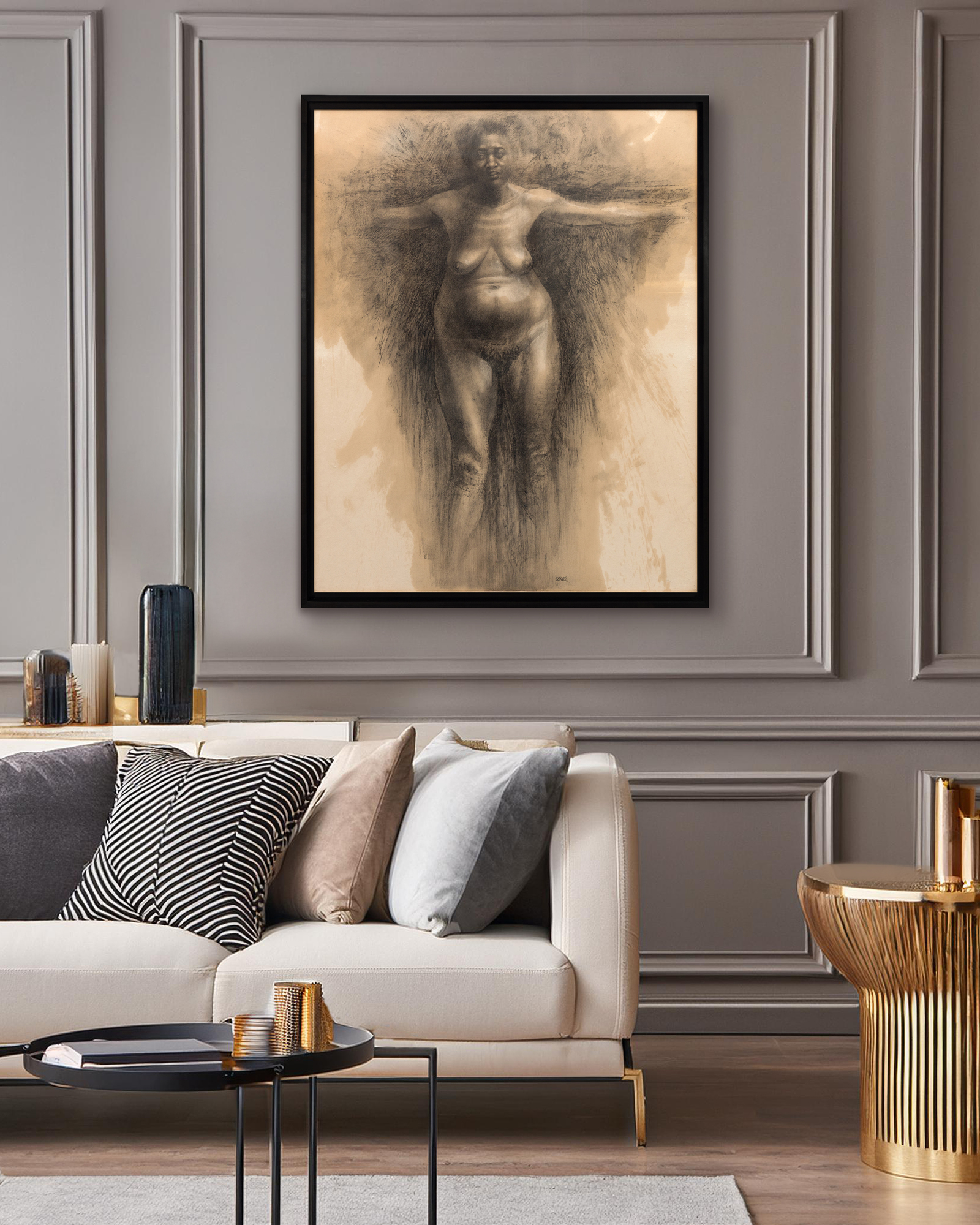 CHARLES WHITE - Patience Y - charcoal, paint, and wax crayon on paper - 51 1/2 x 39 1/2 in.