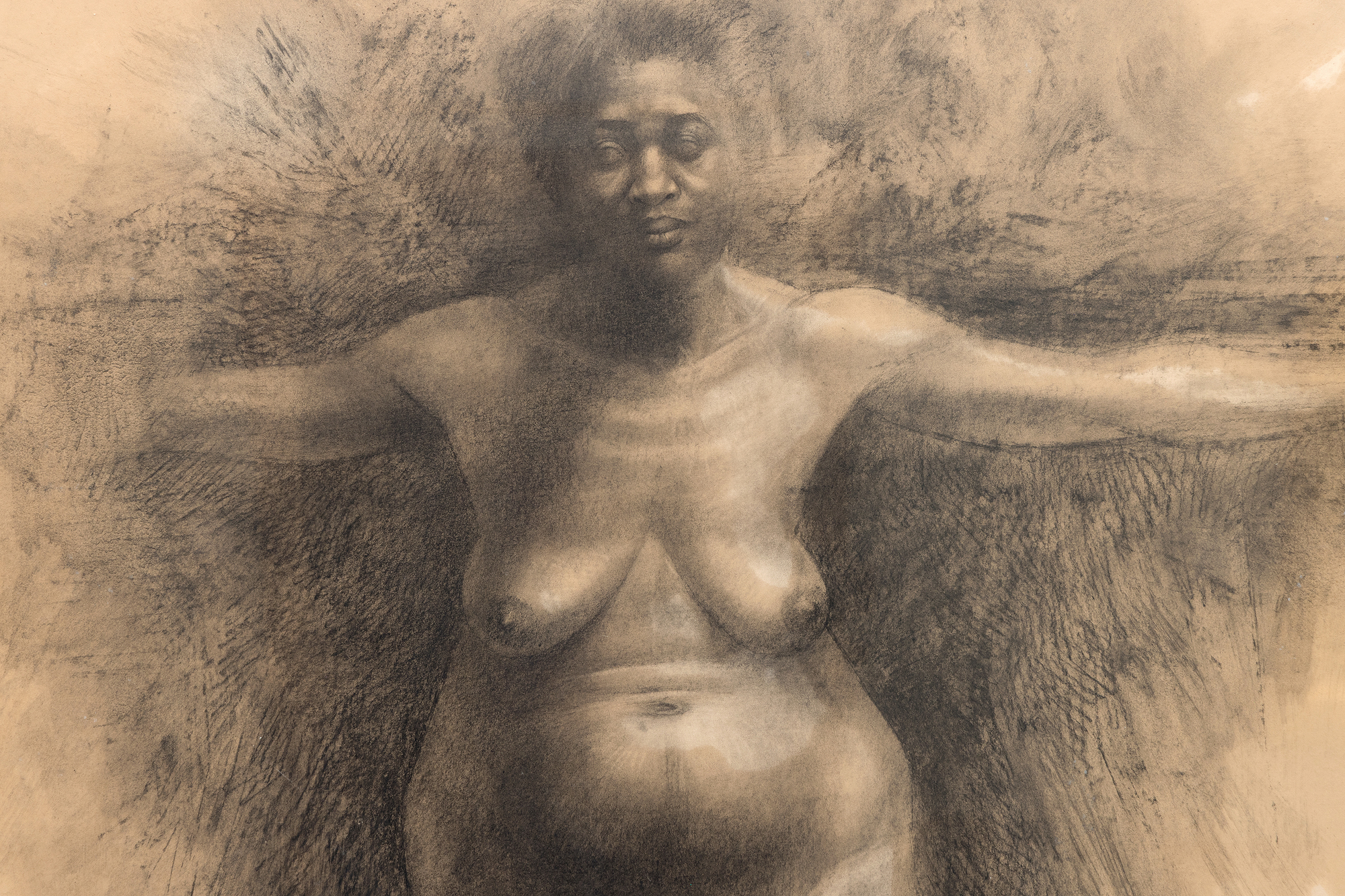 CHARLES WHITE - Patience Y - charcoal, paint, and wax crayon on paper - 51 1/2 x 39 1/2 in.